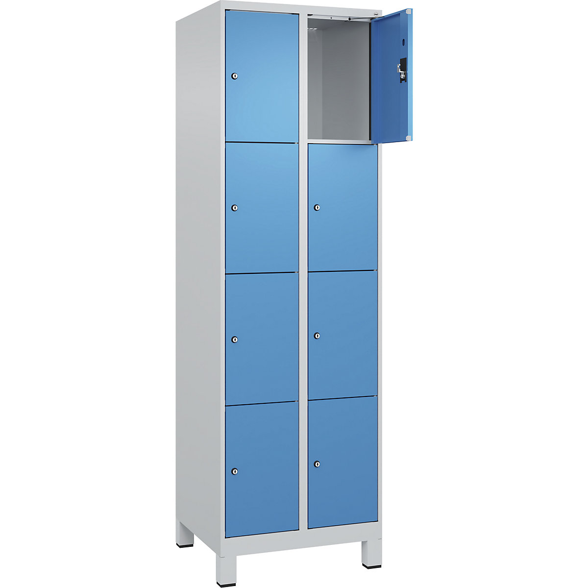 Armadietto a 4 piani Evolo PLUS, 2 scomparti, grigio chiaro / blu chiaro, largh. 600 mm, 8 vani, con piedini larghi, serratura a cilindro-0