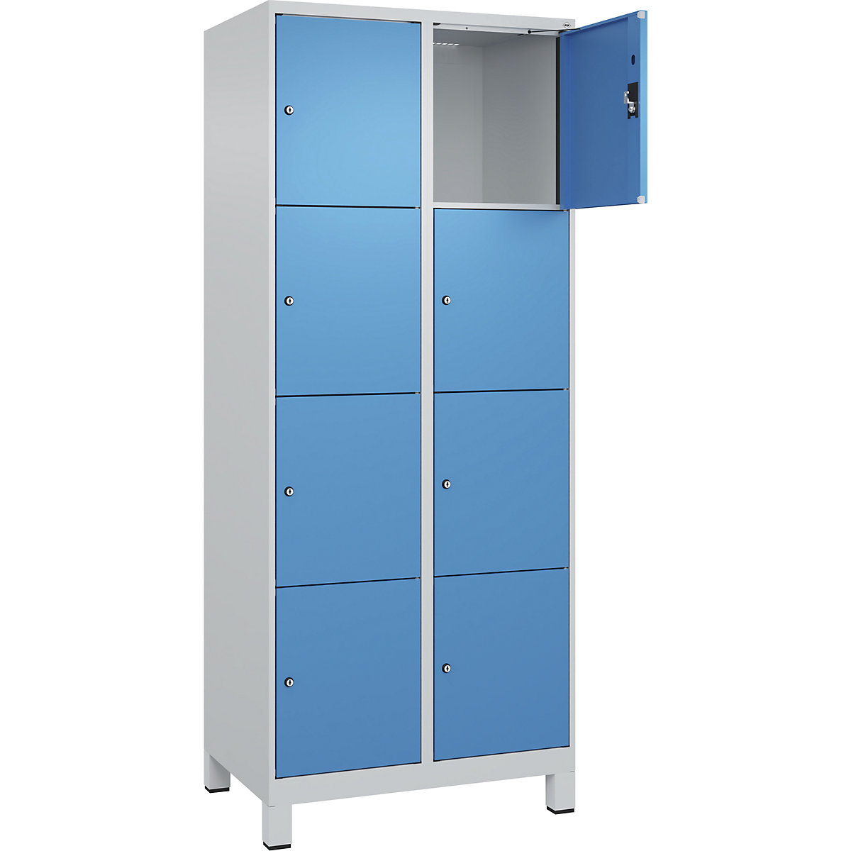 Armadietto a 4 piani Evolo PLUS, 2 scomparti, grigio chiaro / blu chiaro, largh. 800 mm, 8 vani, con piedini larghi, serratura a cilindro-0