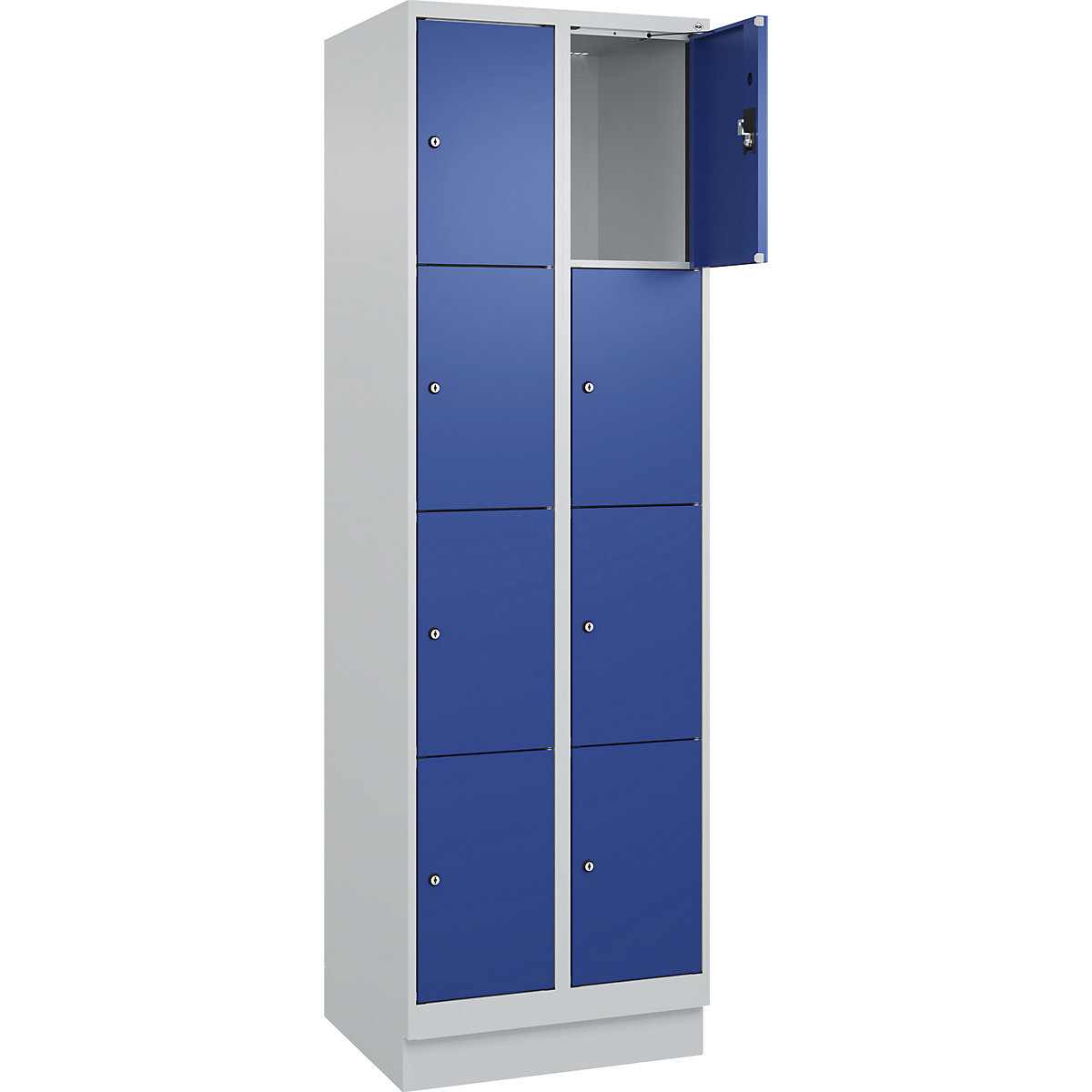 Armadietto a 4 piani Evolo PLUS, 2 scomparti, grigio chiaro / blu genziana, largh. 600 mm, 8 vani, con zoccolino, serratura a cilindro-0