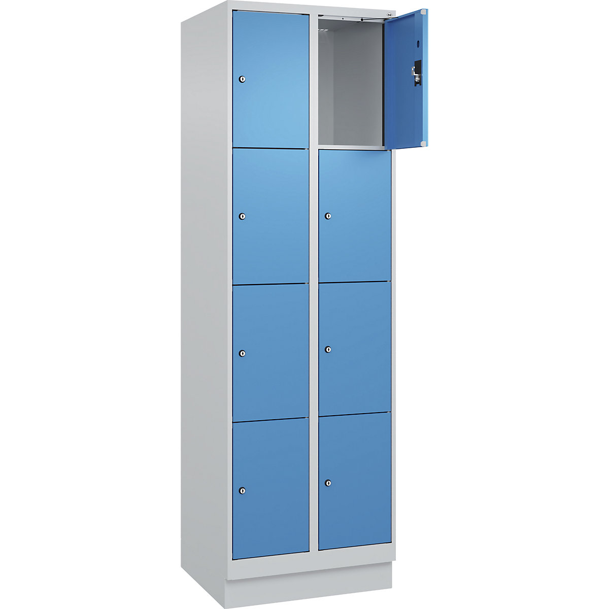 Armadietto a 4 piani Evolo PLUS, 2 scomparti, grigio chiaro / blu chiaro, largh. 600 mm, 8 vani, con zoccolino, serratura a cilindro-0