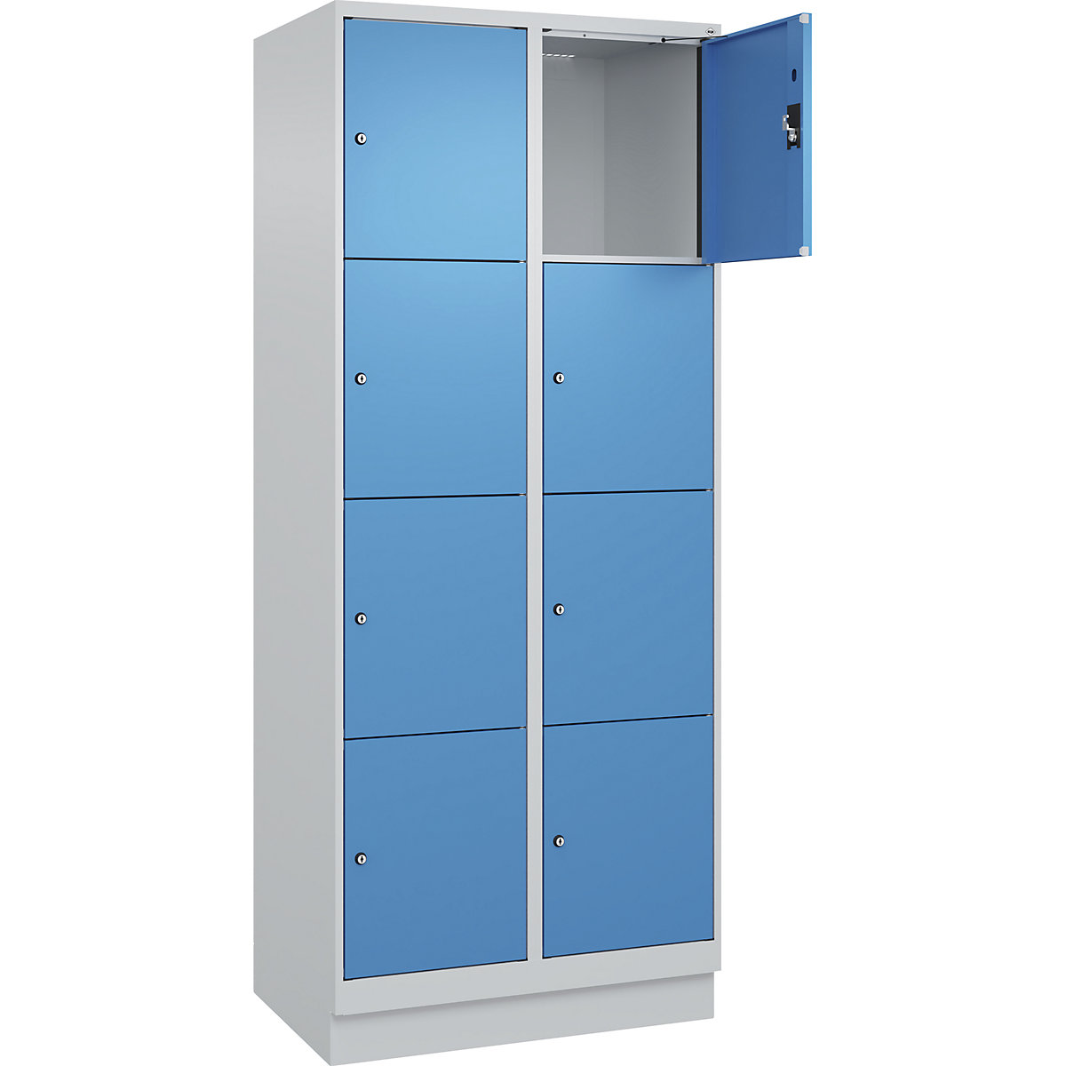 Armadietto a 4 piani Evolo PLUS, 2 scomparti, grigio chiaro / blu chiaro, largh. 800 mm, 8 vani, con zoccolino, serratura a cilindro-0