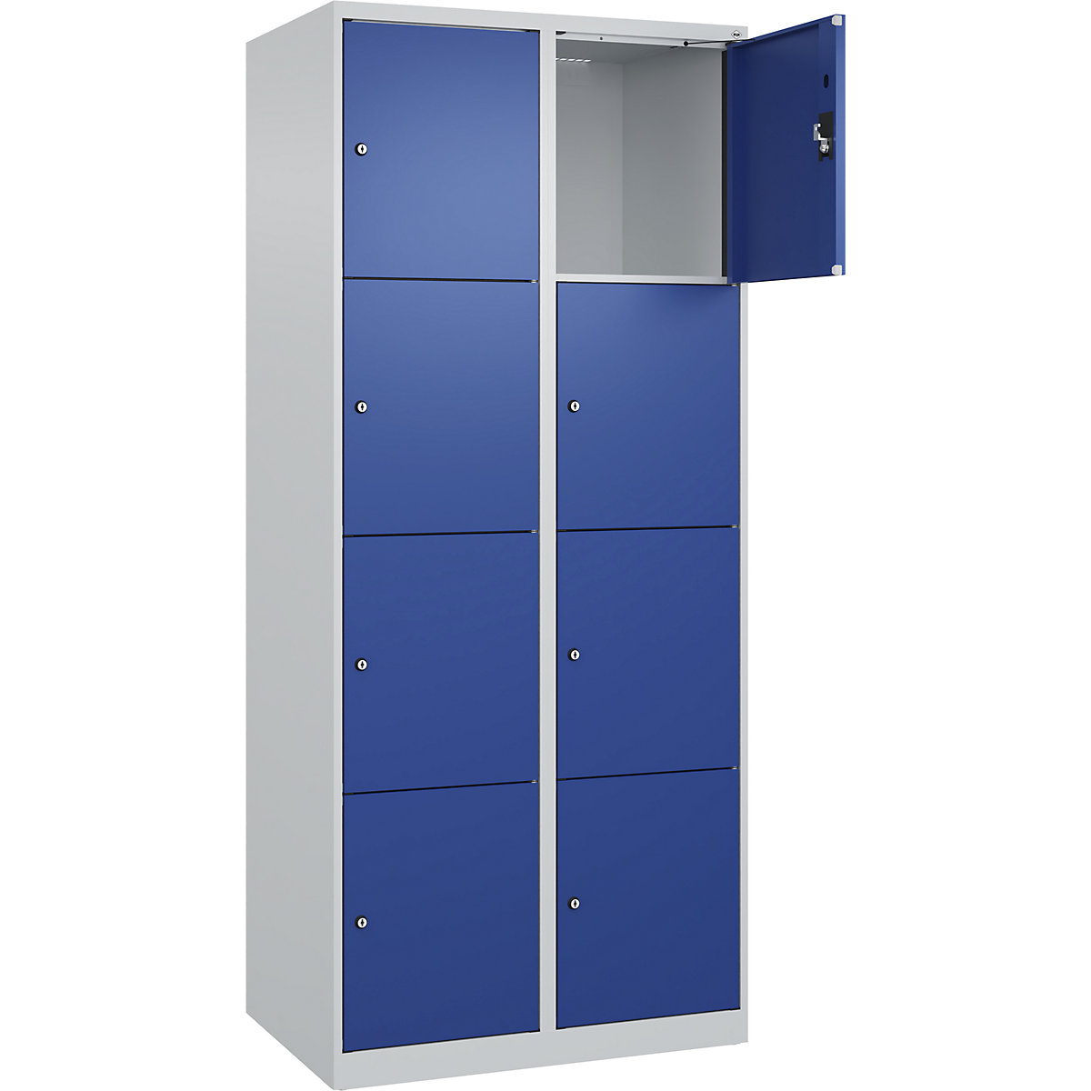 Armadietto a 4 piani Evolo PLUS, 2 scomparti, grigio chiaro / blu genziana, largh. 800 mm, 8 vani, con piedini a pavimento, serratura a cilindro-0
