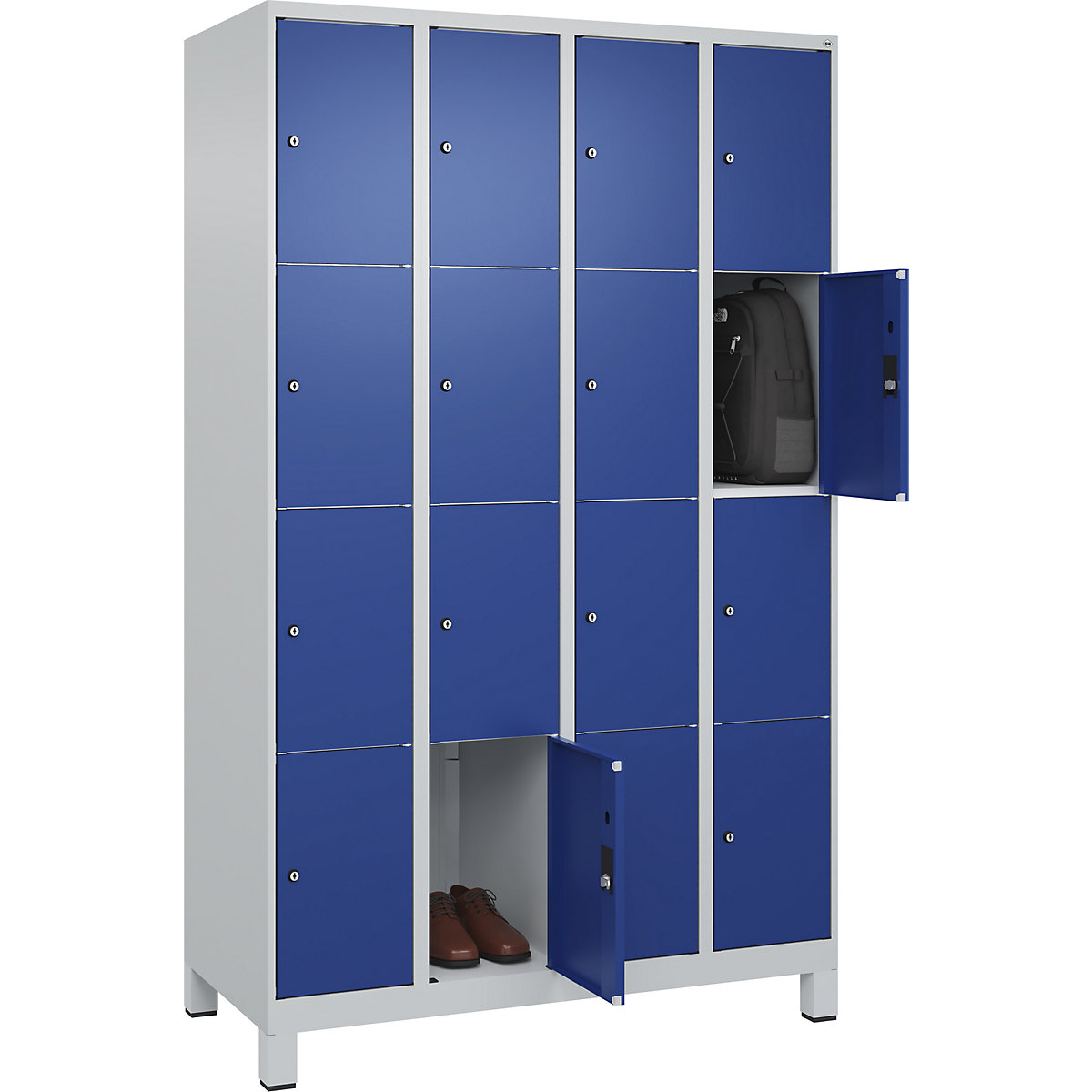 Armadietto a 4 scomparti Classic PLUS – C+P, 4 scomparti, grigio chiaro / blu genziana, largh. 1200 mm, 16 scomparti, con piedini-0
