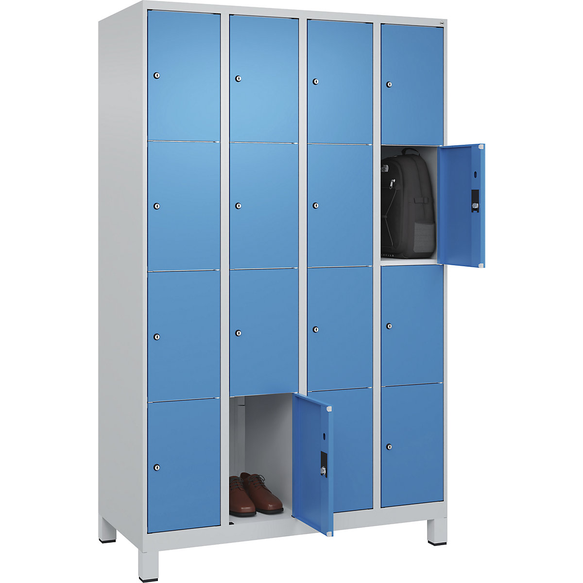 Armadietto a 4 scomparti Classic PLUS – C+P, 4 scomparti, grigio chiaro / blu chiaro, largh. 1200 mm, 16 scomparti, con piedini-0