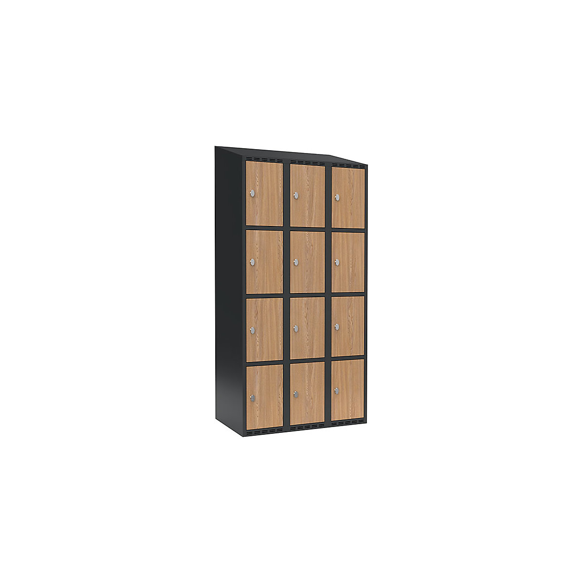 Armadietto a 4 scomparti Fydor, 3 scomparti, grigio / quercia, largh. 900 mm, 3 scomparti, tetto inclinato, lucchetto-0