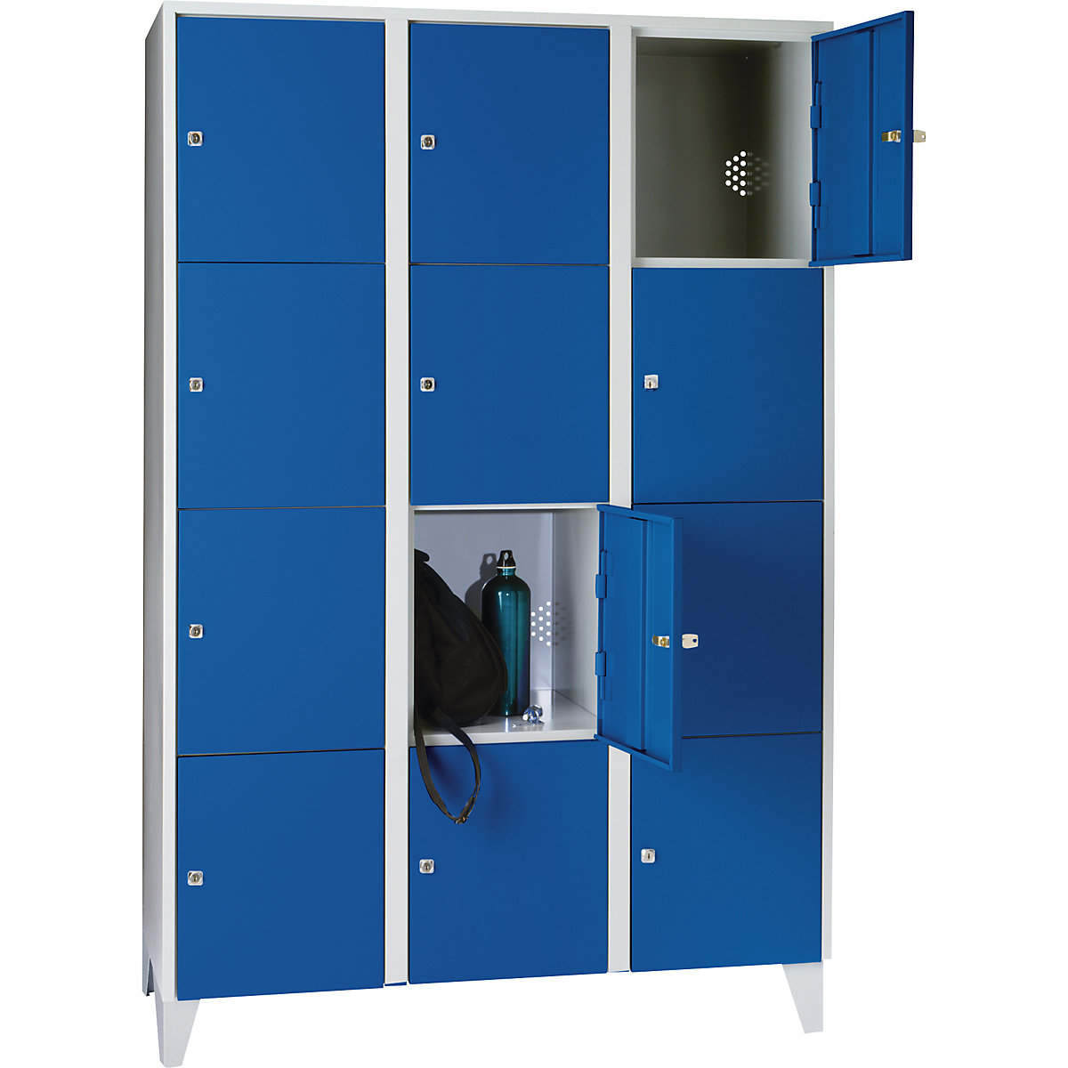 Armadietto a 4 scomparti München – Wolf, 3 scomparti, grigio chiaro / blu genziana, largh. 1200 mm, con piedini-0