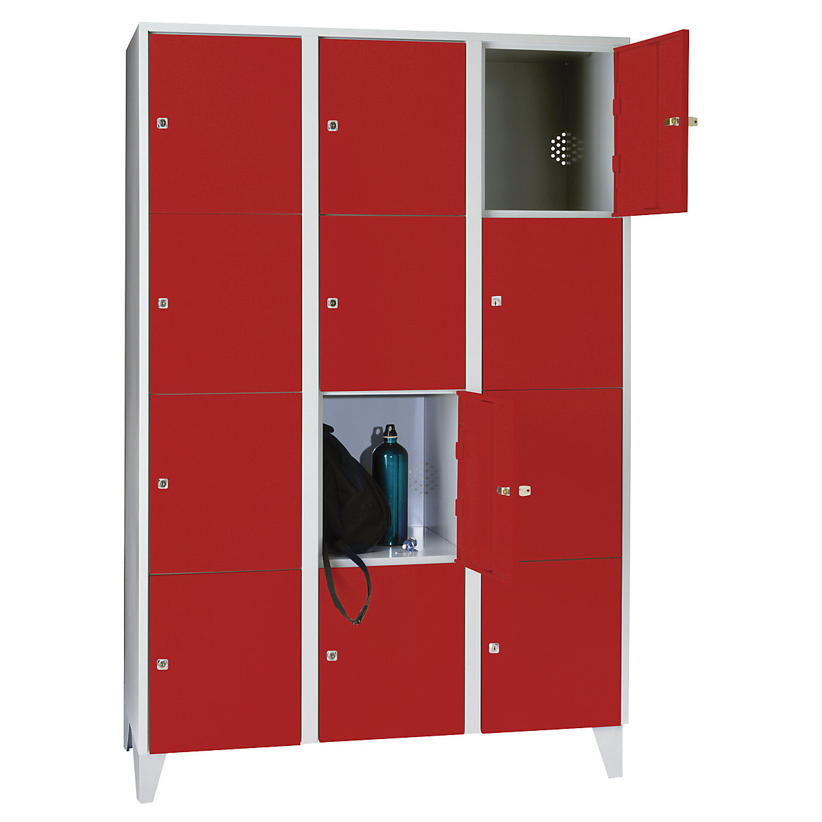 Armadietto a 4 scomparti München – Wolf, 3 scomparti, grigio chiaro / rosso fuoco, largh. 1200 mm, con piedini-0