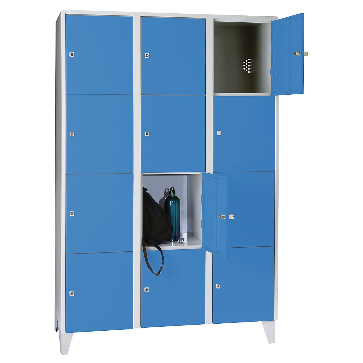 Armadietto a 4 scomparti München – Wolf, 3 scomparti, grigio chiaro / blu chiaro, largh. 1200 mm, con piedini-0