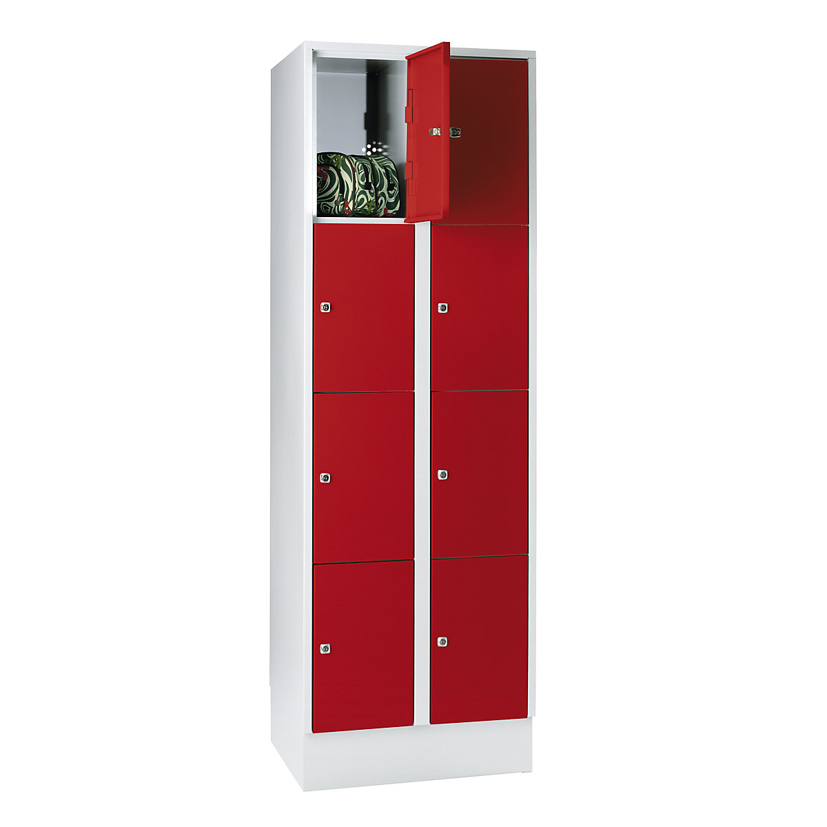 Armadietto a 4 scomparti München – Wolf, 2 scomparti, grigio chiaro / rosso fuoco, largh. 600 mm, con zoccolino-0