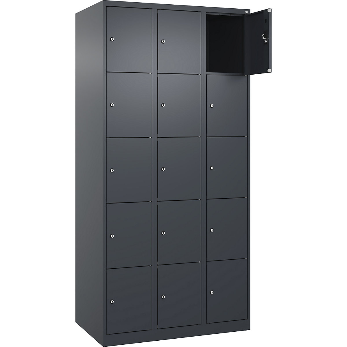 Armadietto a 5 piani Evolo PLUS, 3 scomparti, grigio, largh. 900 mm, 15 vani, con piedini a pavimento, serratura a cilindro-0