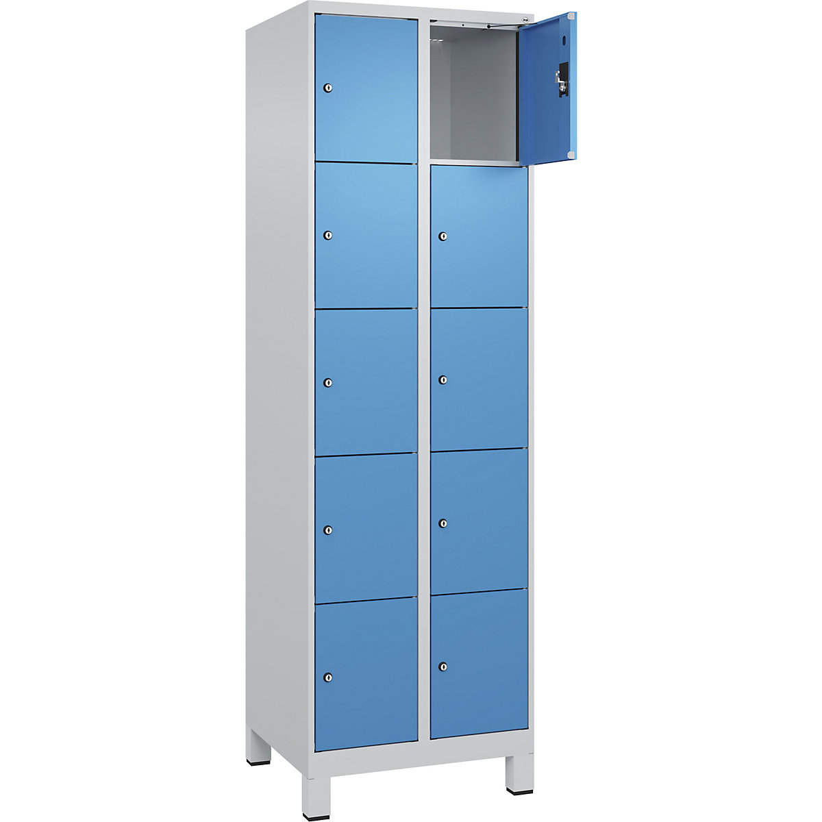Armadietto a 5 piani Evolo PLUS, 2 scomparti, grigio chiaro / blu chiaro, largh. 600 mm, 10 vani, con piedini larghi, serratura a cilindro-0