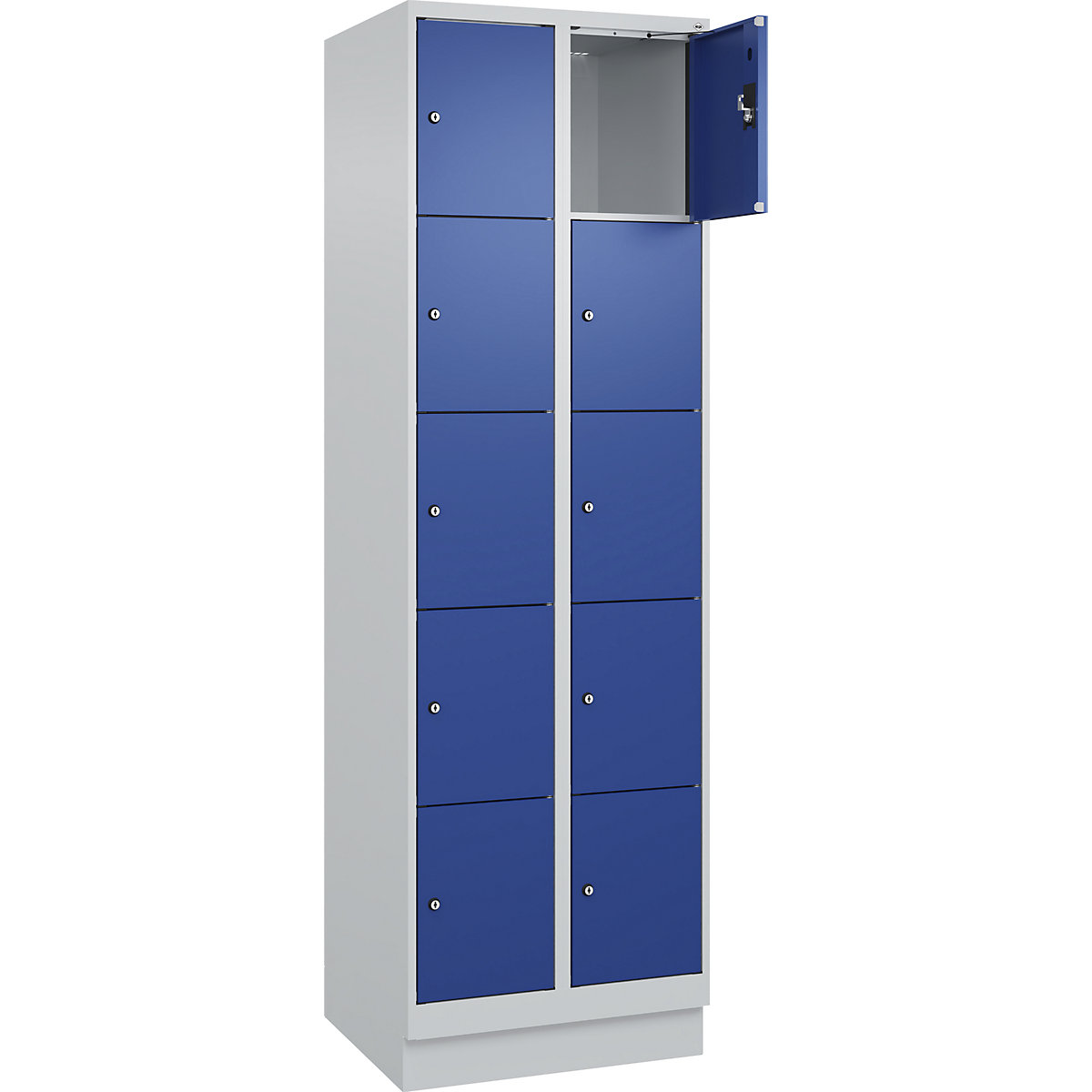 Armadietto a 5 piani Evolo PLUS, 2 scomparti, grigio chiaro / blu genziana, largh. 600 mm, 10 vani, con zoccolino, serratura a cilindro-0
