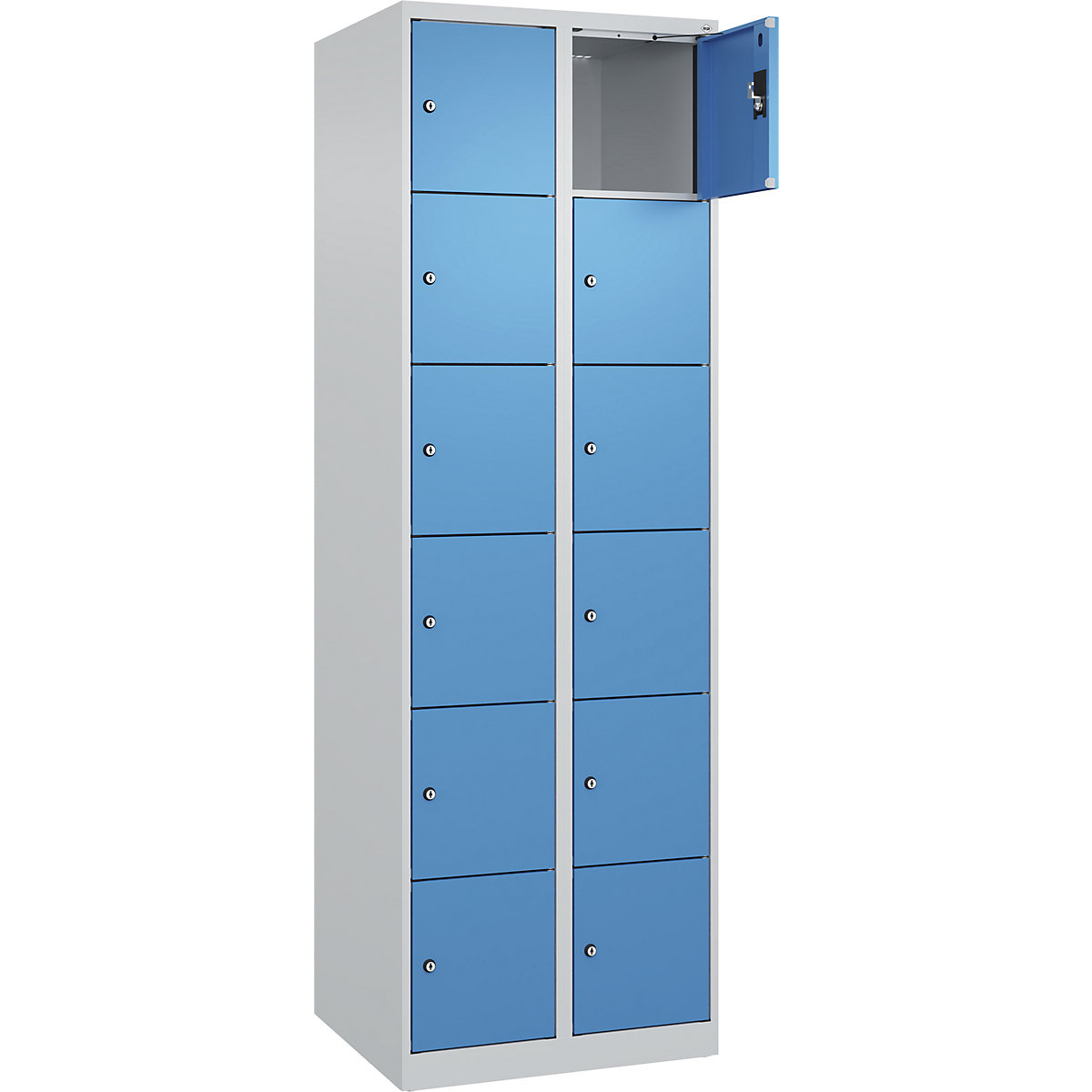 Armadietto a 6 piani Evolo PLUS, 2 scomparti, grigio chiaro / blu chiaro, largh. 600 mm, 12 vani, con piedini a pavimento, serratura a cilindro-0