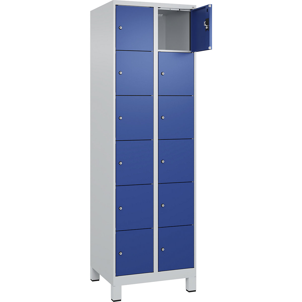 Armadietto a 6 piani Evolo PLUS, 2 scomparti, grigio chiaro / blu genziana, largh. 600 mm, 12 vani, con piedini larghi, serratura a cilindro-0