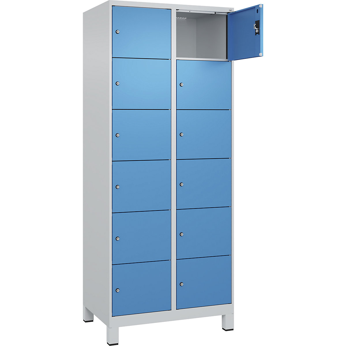 Armadietto a 6 piani Evolo PLUS, 2 scomparti, grigio chiaro / blu chiaro, largh. 800 mm, 12 vani, con piedini larghi, serratura a cilindro-0