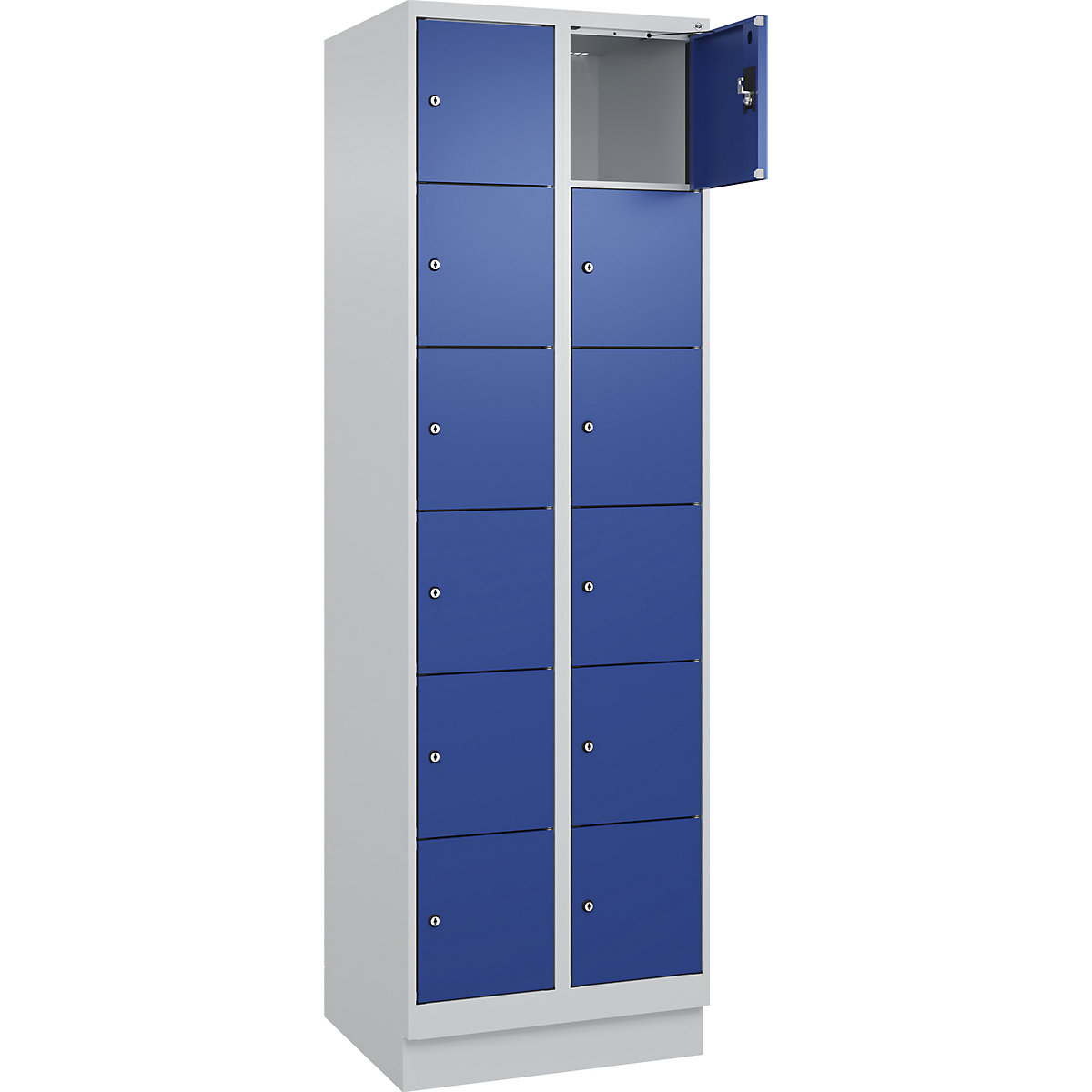 Armadietto a 6 piani Evolo PLUS, 2 scomparti, grigio chiaro / blu genziana, largh. 600 mm, 12 vani, con zoccolino, serratura a cilindro-0