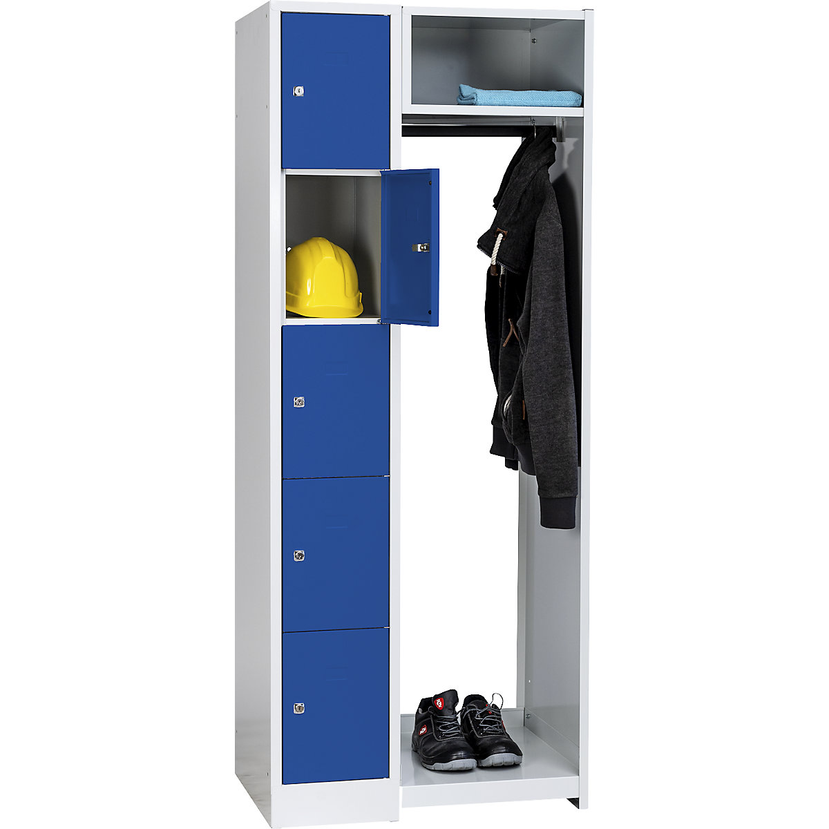 Armadietto a scomparti modulare Dresden – Wolf, 5 scomparti, 1 appendiabiti, largh. 750 mm, grigio chiaro / blu genziana-0