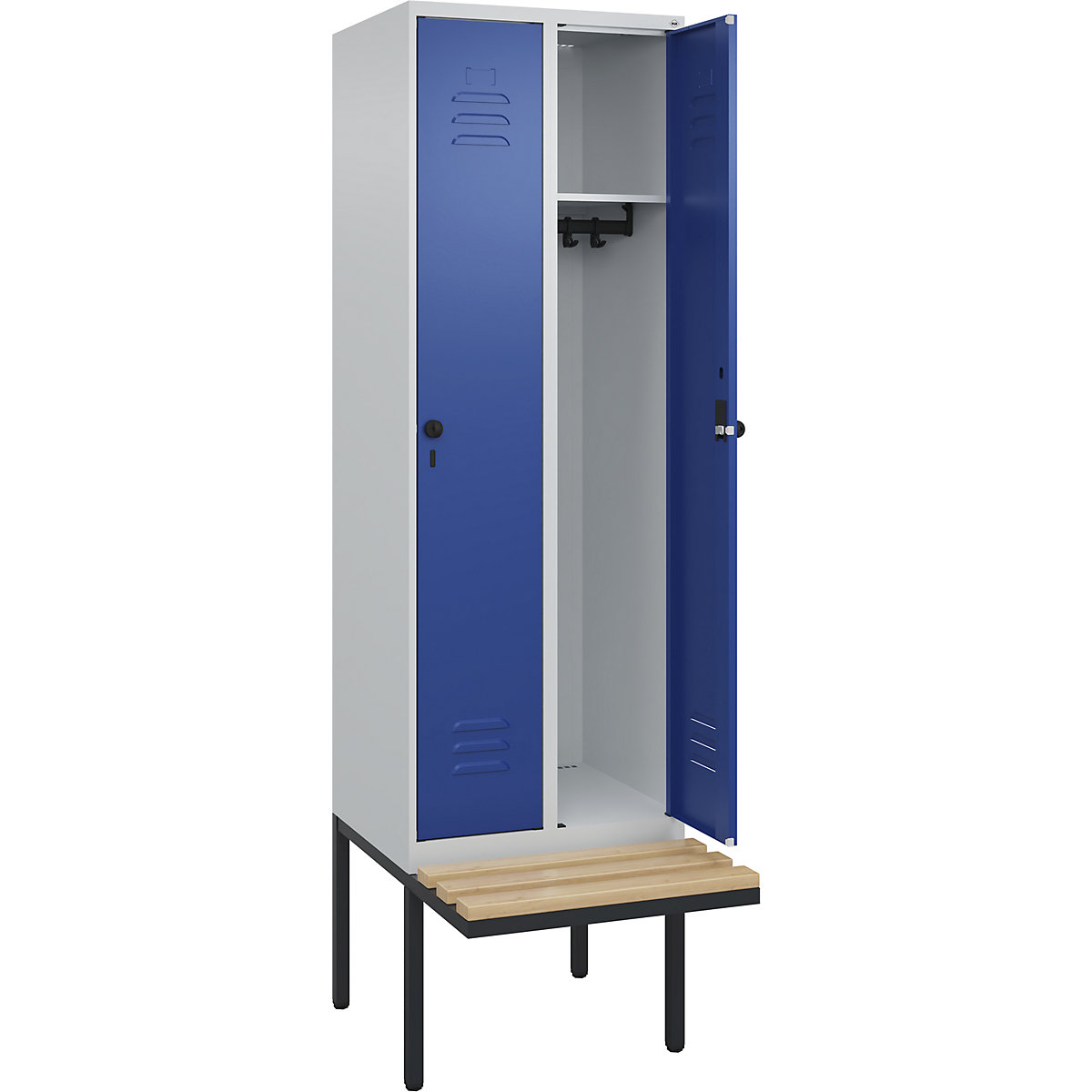 Armadietto Classic PLUS con panca – C+P, 2 scomparti, grigio chiaro / blu genziana, largh. 600 mm, serratura girevole di sicurezza, panca sporgente, legno duro di faggio-0