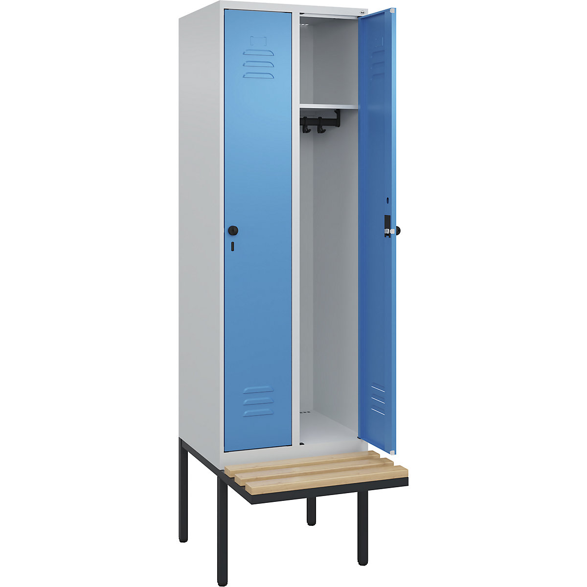 Armadietto Classic PLUS con panca – C+P, 2 scomparti, grigio chiaro / blu chiaro, largh. 600 mm, serratura girevole di sicurezza, panca sporgente, legno duro di faggio-0
