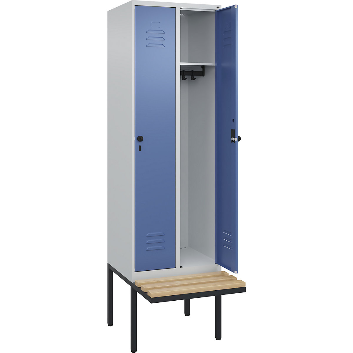 Armadietto Classic PLUS con panca – C+P, 2 scomparti, grigio chiaro / indaco, largh. 600 mm, serratura girevole di sicurezza, panca sporgente, legno duro di faggio-0
