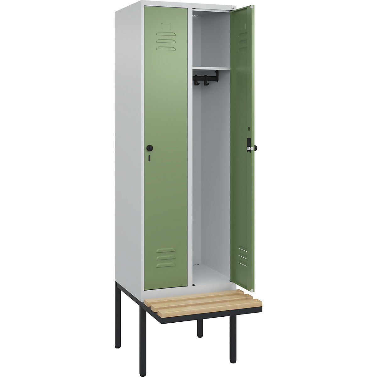 Armadietto Classic PLUS con panca – C+P, 2 scomparti, grigio chiaro / verde reseda, largh. 600 mm, serratura girevole di sicurezza, panca sporgente, legno duro di faggio-0