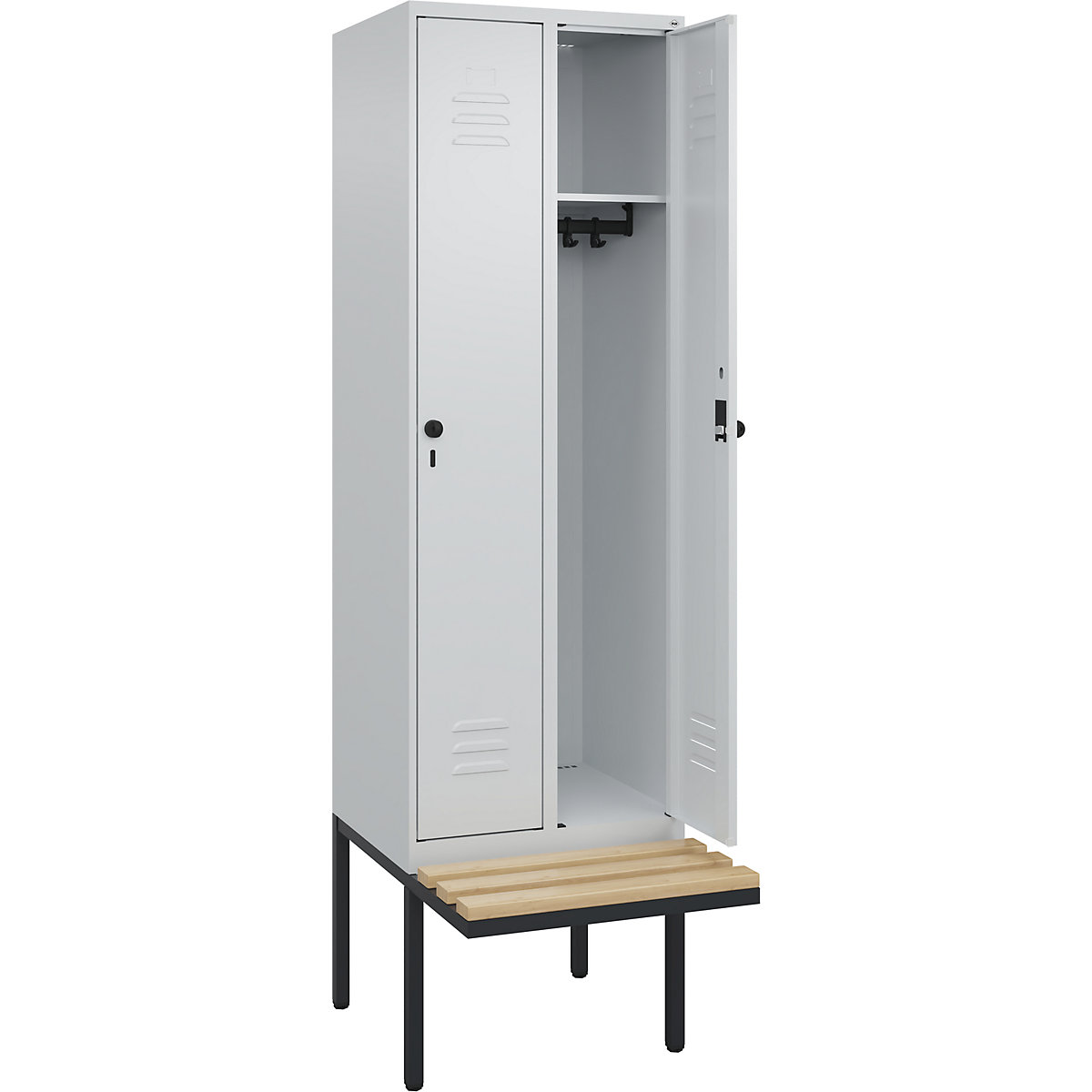 Armadietto Classic PLUS con panca – C+P, 2 scomparti, grigio chiaro, largh. 600 mm, serratura girevole di sicurezza, panca sporgente, legno duro di faggio-0