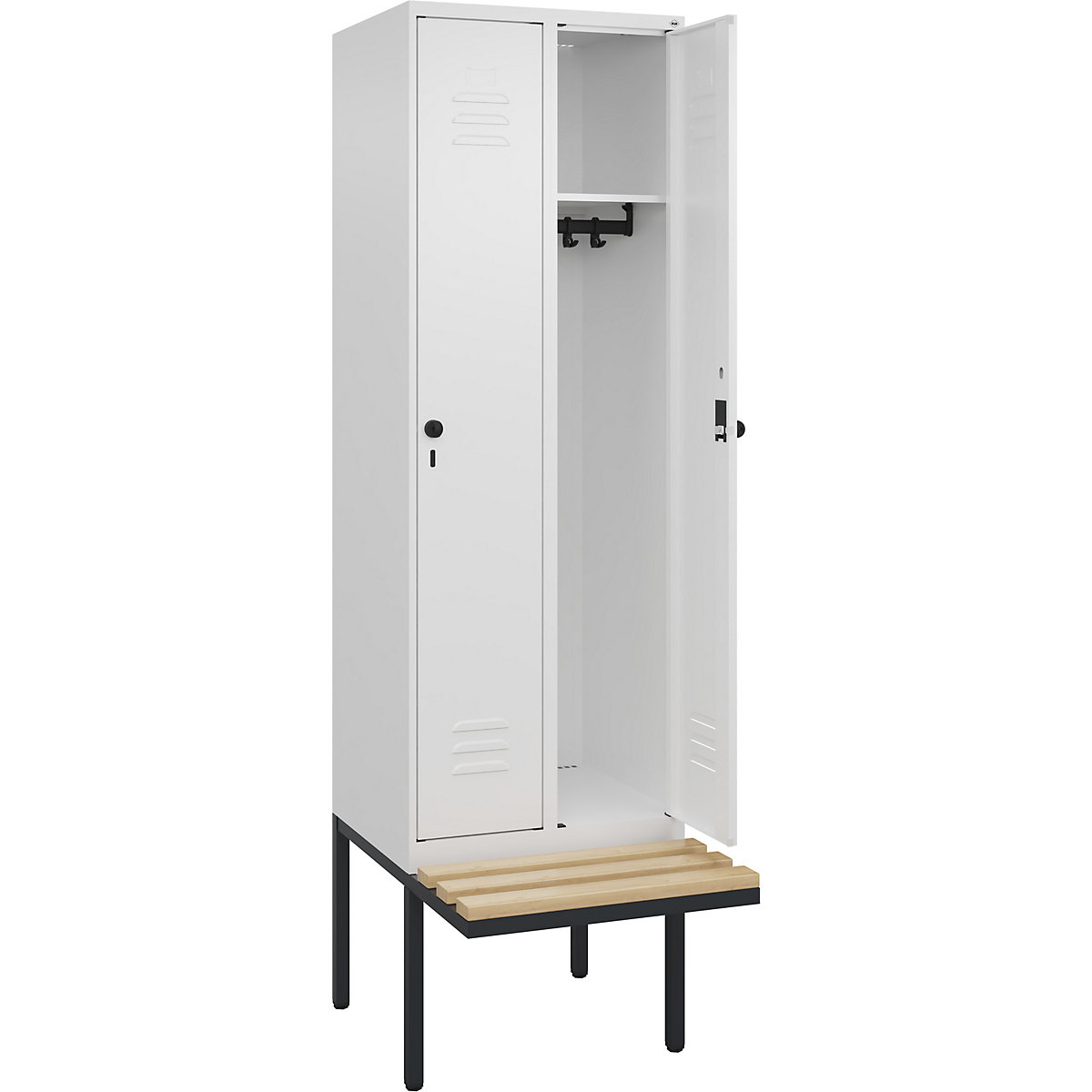 Armadietto Classic PLUS con panca – C+P, 2 scomparti, bianco traffico, largh. 600 mm, serratura girevole di sicurezza, panca sporgente, legno duro di faggio-0