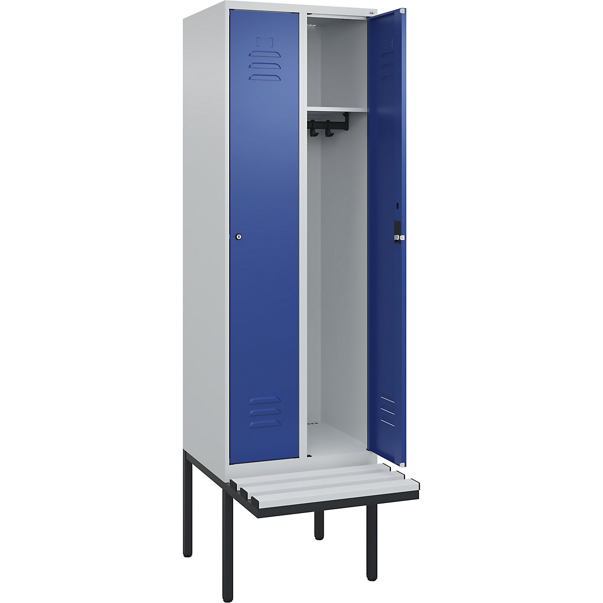 Armadietto Classic PLUS con panca – C+P, 2 scomparti, grigio chiaro / blu genziana, largh. 600 mm, serratura a cilindro, panca sporgente, plastica-0