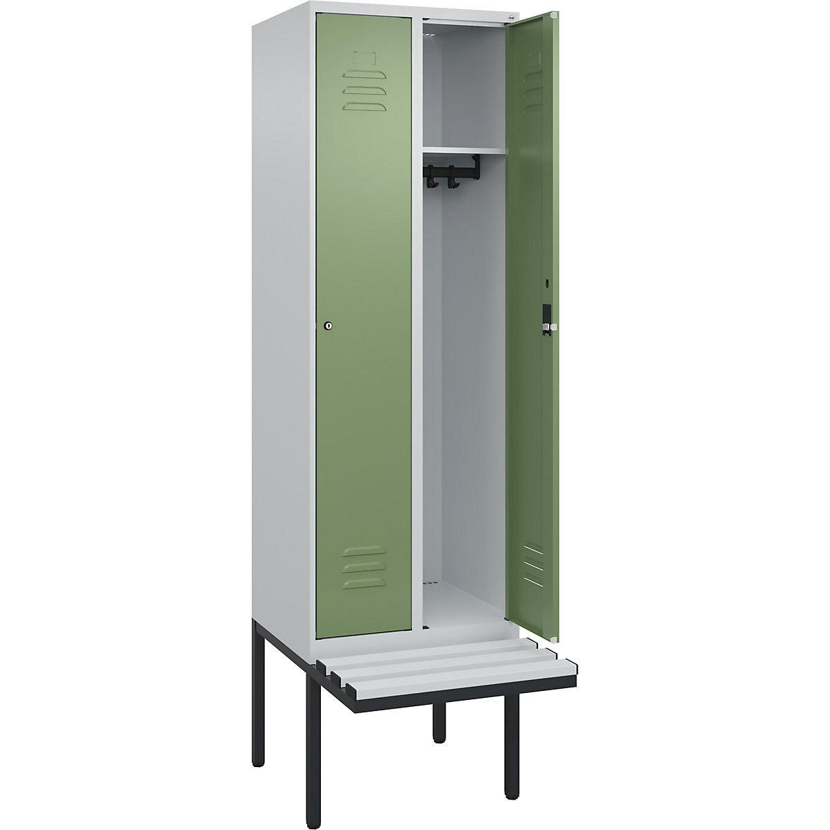 Armadietto Classic PLUS con panca – C+P, 2 scomparti, grigio chiaro / verde reseda, largh. 600 mm, serratura a cilindro, panca sporgente, plastica-0