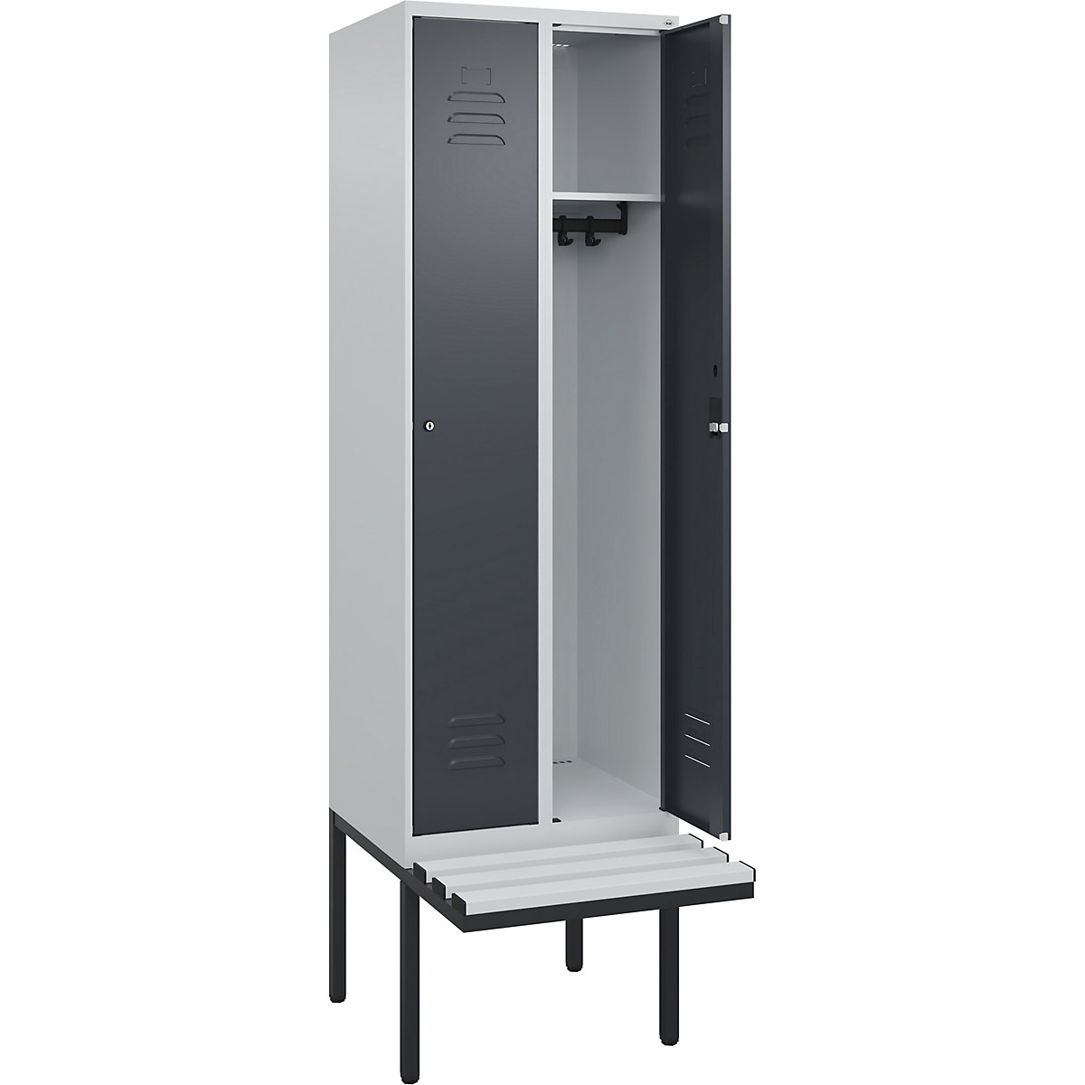 Armadietto Classic PLUS con panca – C+P, 2 scomparti, grigio chiaro / grigio, largh. 600 mm, serratura a cilindro, panca sporgente, plastica-0