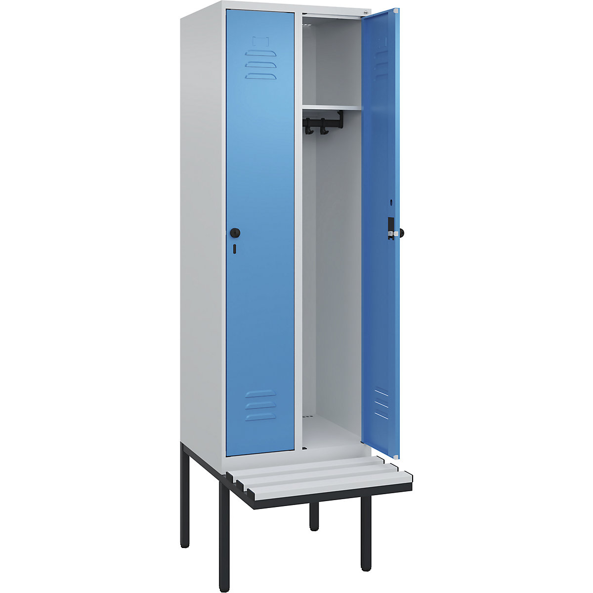 Armadietto Classic PLUS con panca – C+P, 2 scomparti, grigio chiaro / blu chiaro, largh. 600 mm, serratura girevole di sicurezza, panca sporgente, plastica-0