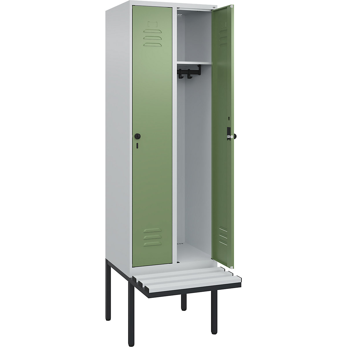 Armadietto Classic PLUS con panca – C+P, 2 scomparti, grigio chiaro / verde reseda, largh. 600 mm, serratura girevole di sicurezza, panca sporgente, plastica-0
