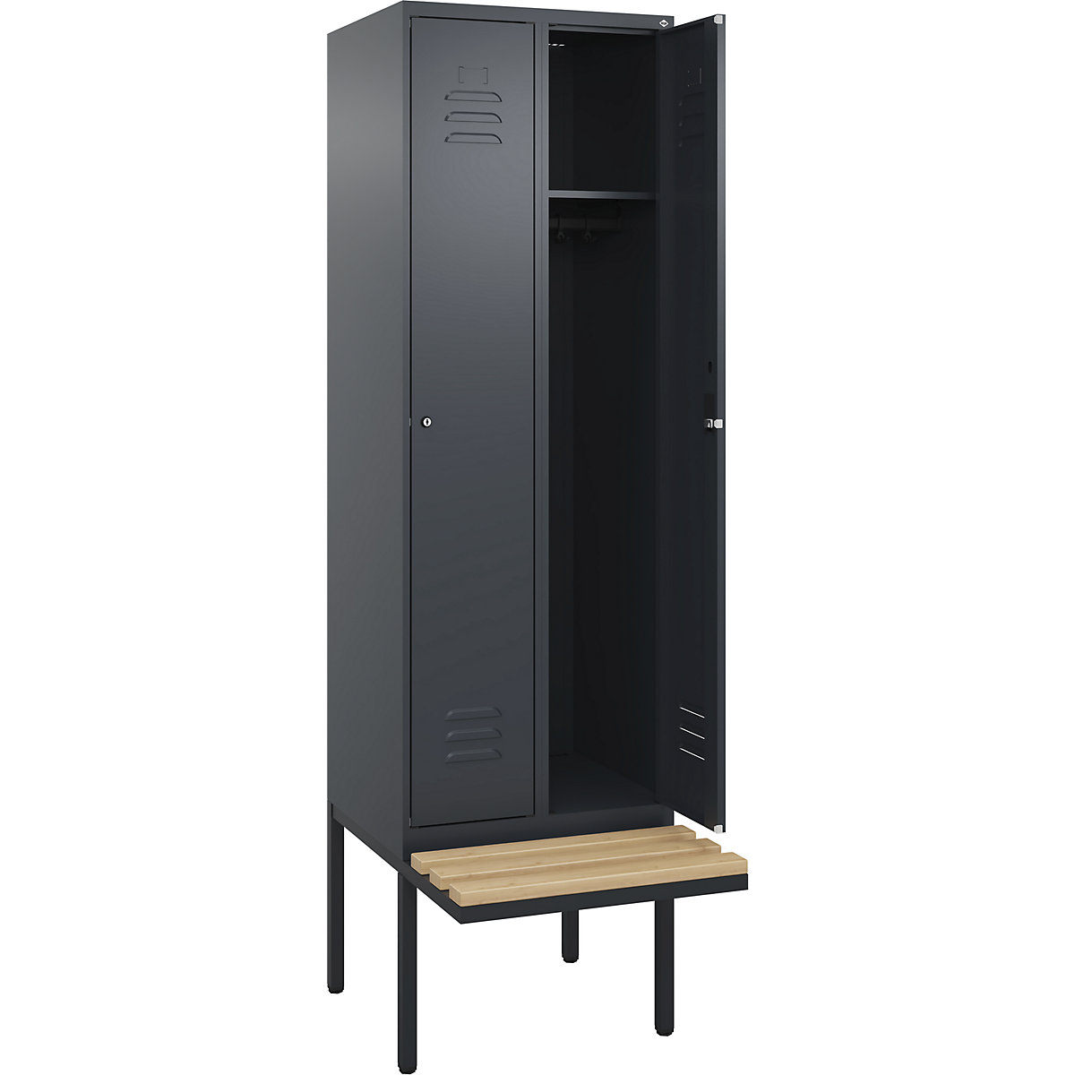 Armadietto Classic PLUS con panca – C+P, 2 scomparti, grigio, largh. 600 mm, serratura a cilindro, panca sporgente, legno duro di faggio-0