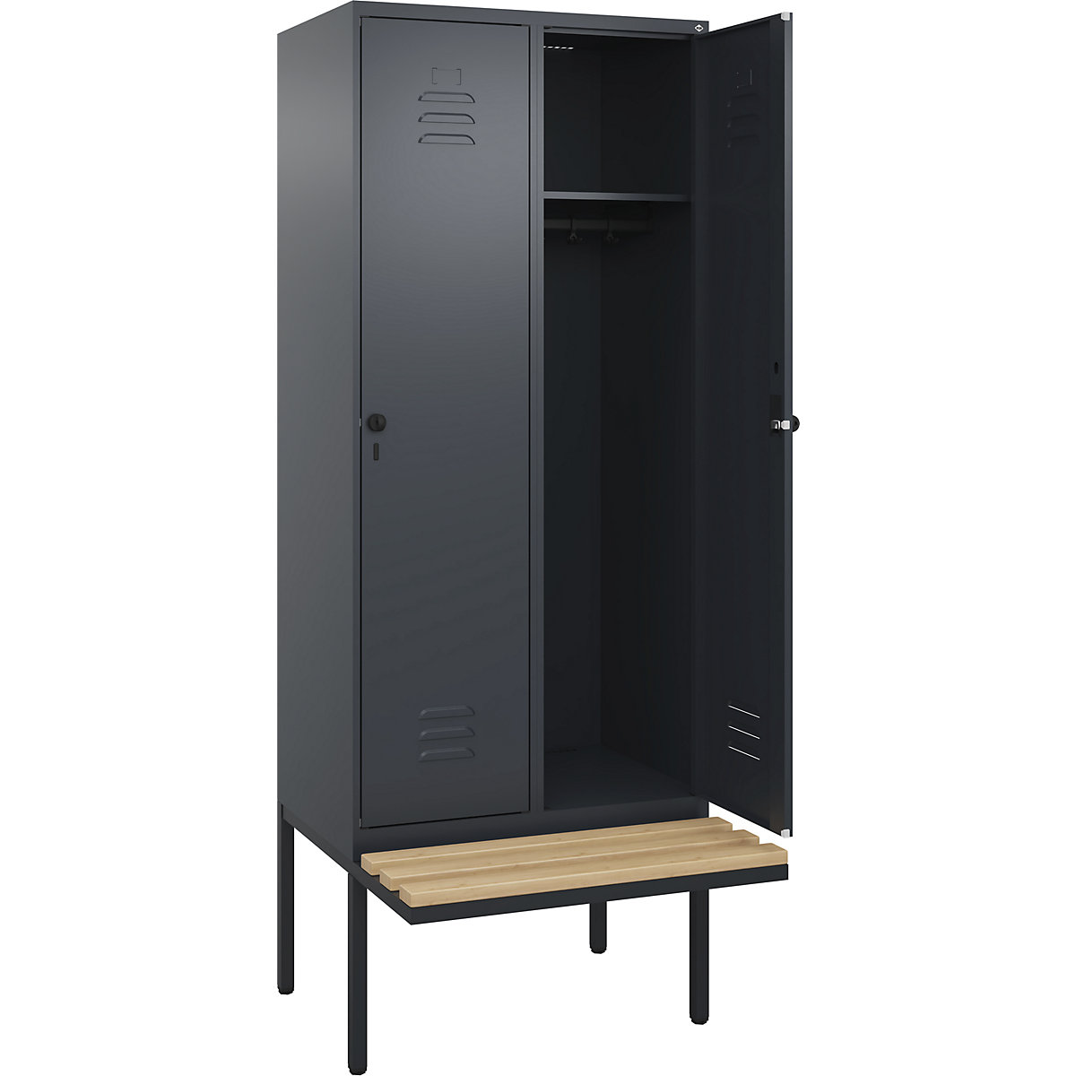 Armadietto Classic PLUS con panca – C+P, 2 scomparti, grigio, largh. 800 mm, serratura girevole di sicurezza, panca sporgente, legno duro di faggio-0