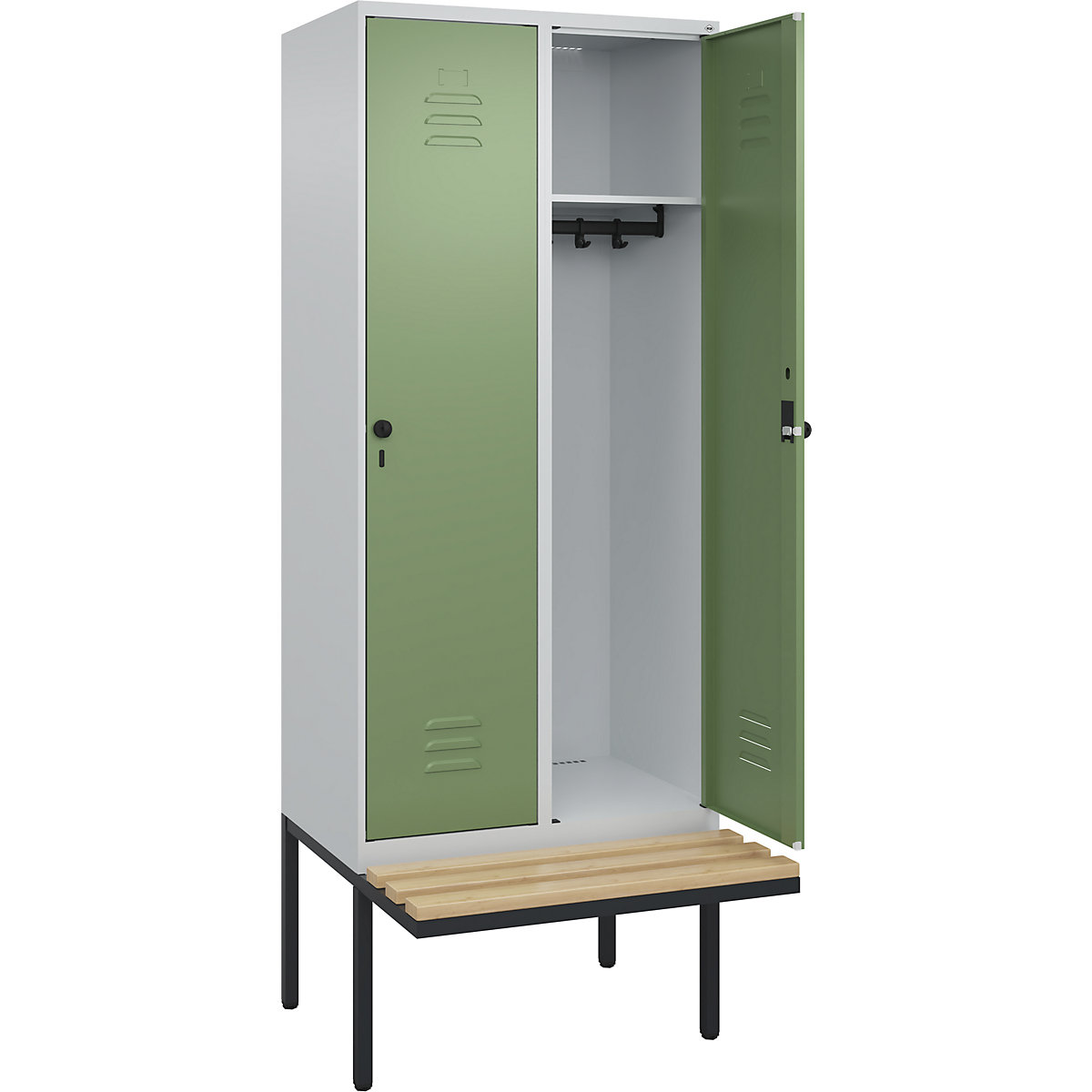 Armadietto Classic PLUS con panca – C+P, 2 scomparti, grigio chiaro / verde reseda, largh. 800 mm, serratura girevole di sicurezza, panca sporgente, legno duro di faggio-0
