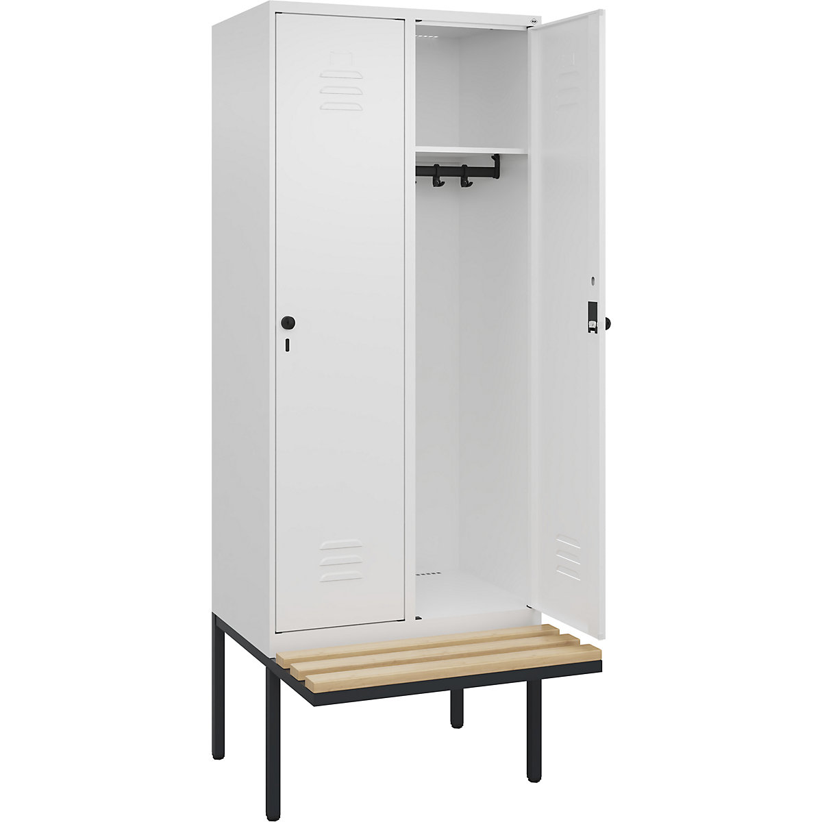 Armadietto Classic PLUS con panca – C+P, 2 scomparti, bianco traffico, largh. 800 mm, serratura girevole di sicurezza, panca sporgente, legno duro di faggio-0
