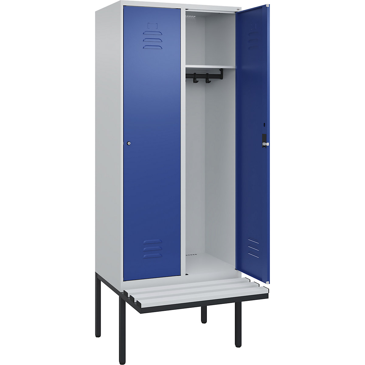 Armadietto Classic PLUS con panca – C+P, 2 scomparti, grigio chiaro / blu genziana, largh. 800 mm, serratura a cilindro, panca sporgente, plastica-0