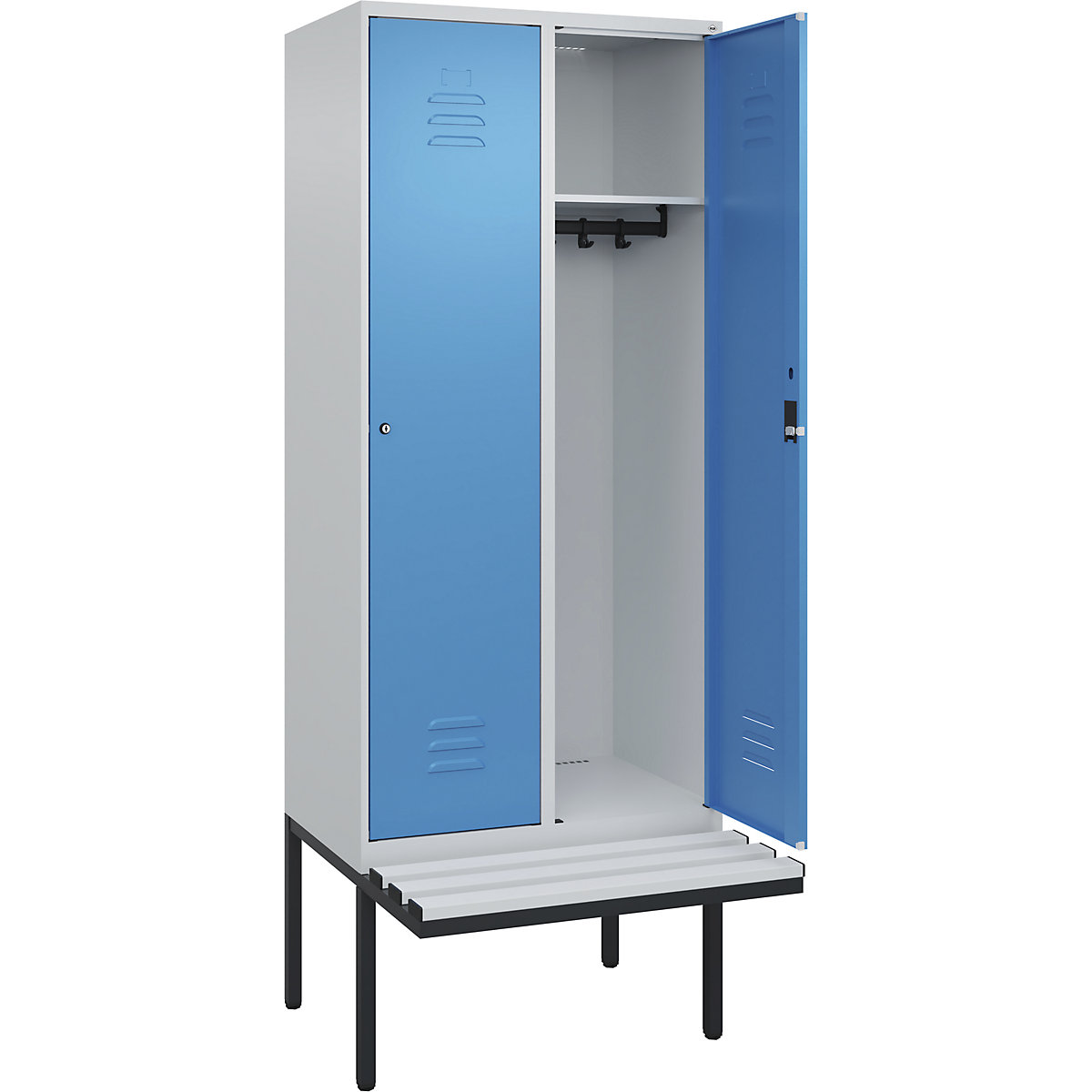 Armadietto Classic PLUS con panca – C+P, 2 scomparti, grigio chiaro / blu chiaro, largh. 800 mm, serratura a cilindro, panca sporgente, plastica-0