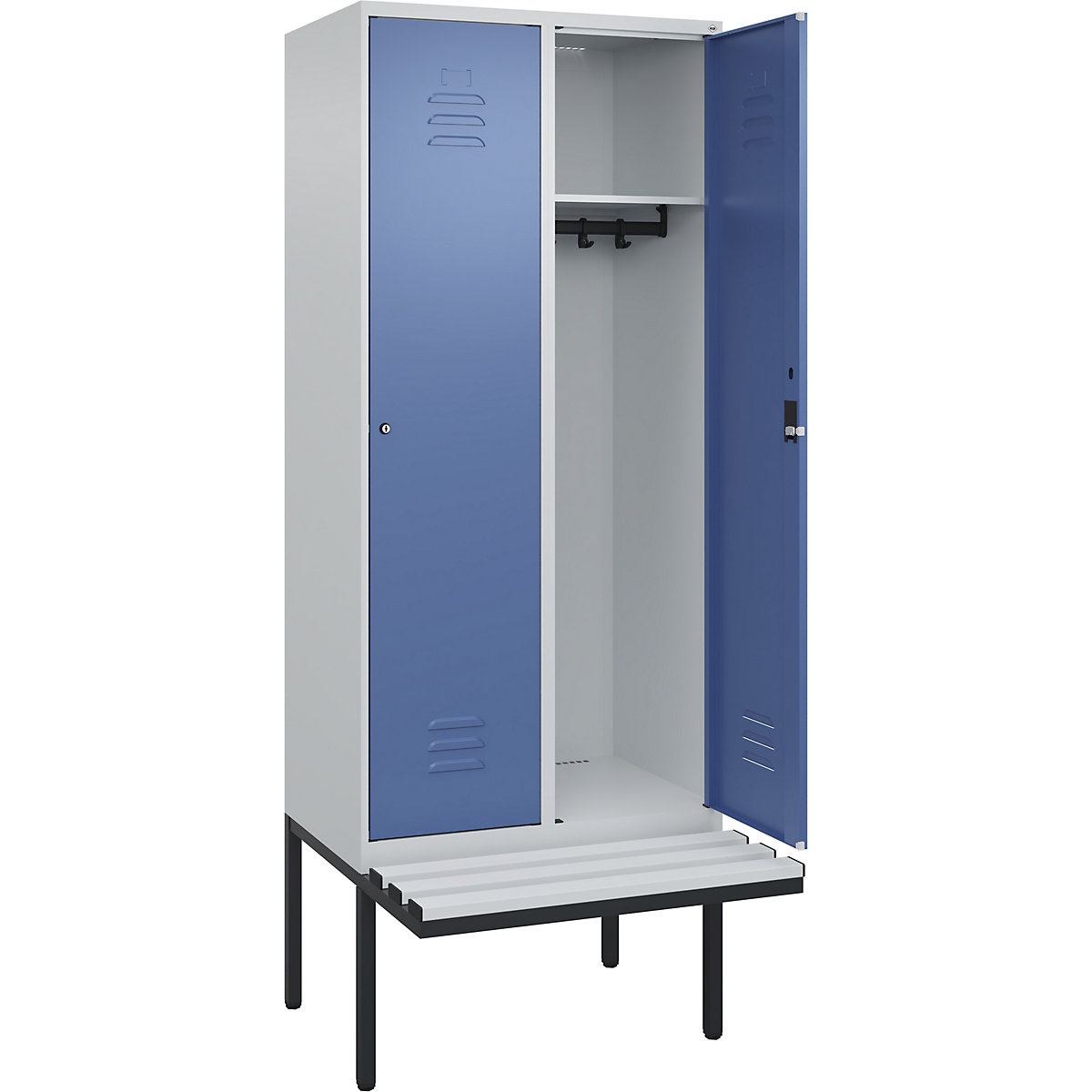 Armadietto Classic PLUS con panca – C+P, 2 scomparti, grigio chiaro / indaco, largh. 800 mm, serratura a cilindro, panca sporgente, plastica-0