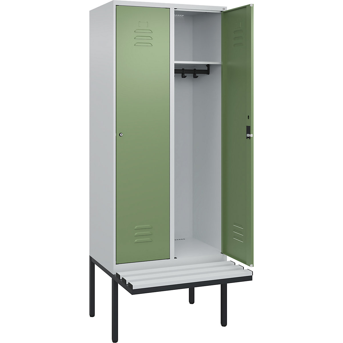 Armadietto Classic PLUS con panca – C+P, 2 scomparti, grigio chiaro / verde reseda, largh. 800 mm, serratura a cilindro, panca sporgente, plastica-0