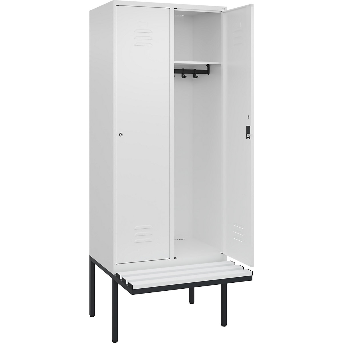 Armadietto Classic PLUS con panca – C+P, 2 scomparti, bianco traffico, largh. 800 mm, serratura a cilindro, panca sporgente, plastica-0