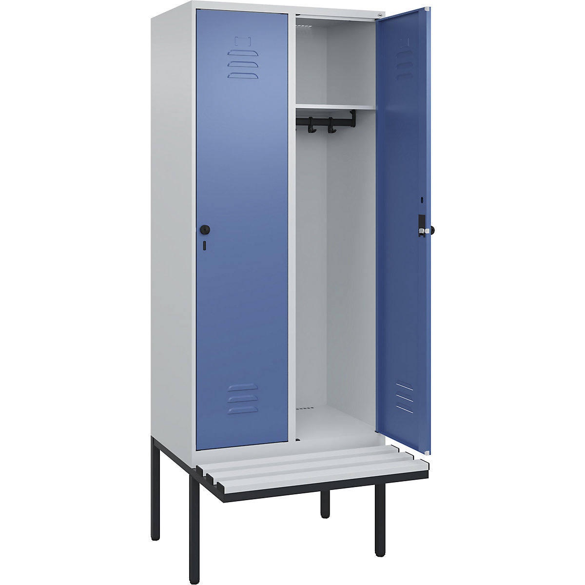 Armadietto Classic PLUS con panca – C+P, 2 scomparti, grigio chiaro / indaco, largh. 800 mm, serratura girevole di sicurezza, panca sporgente, plastica-0