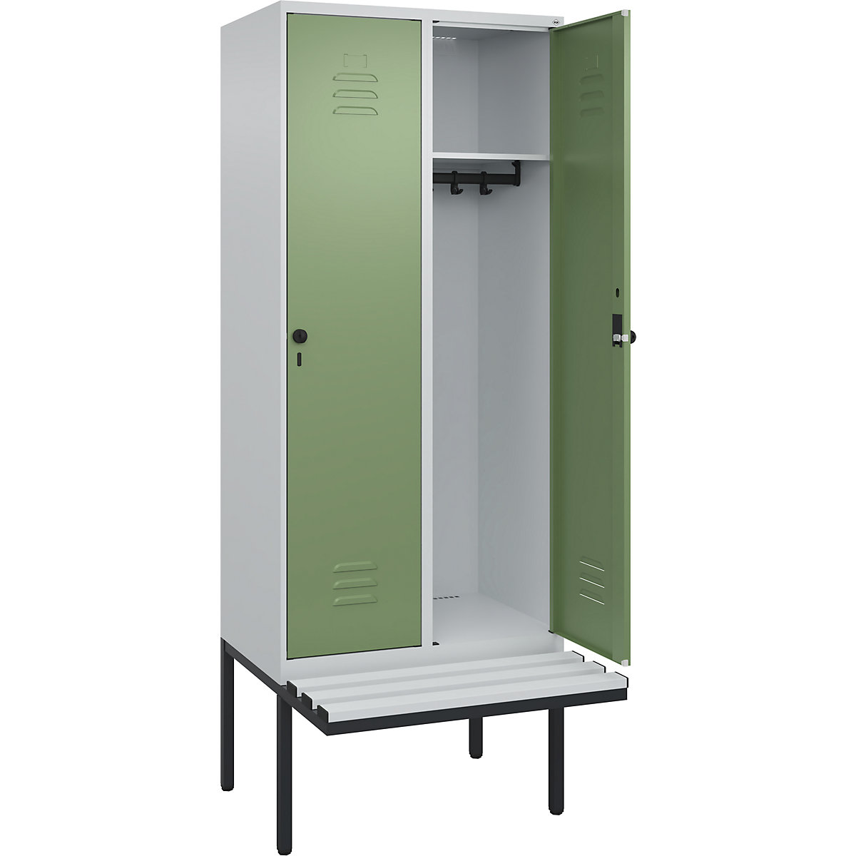Armadietto Classic PLUS con panca – C+P, 2 scomparti, grigio chiaro / verde reseda, largh. 800 mm, serratura girevole di sicurezza, panca sporgente, plastica-0
