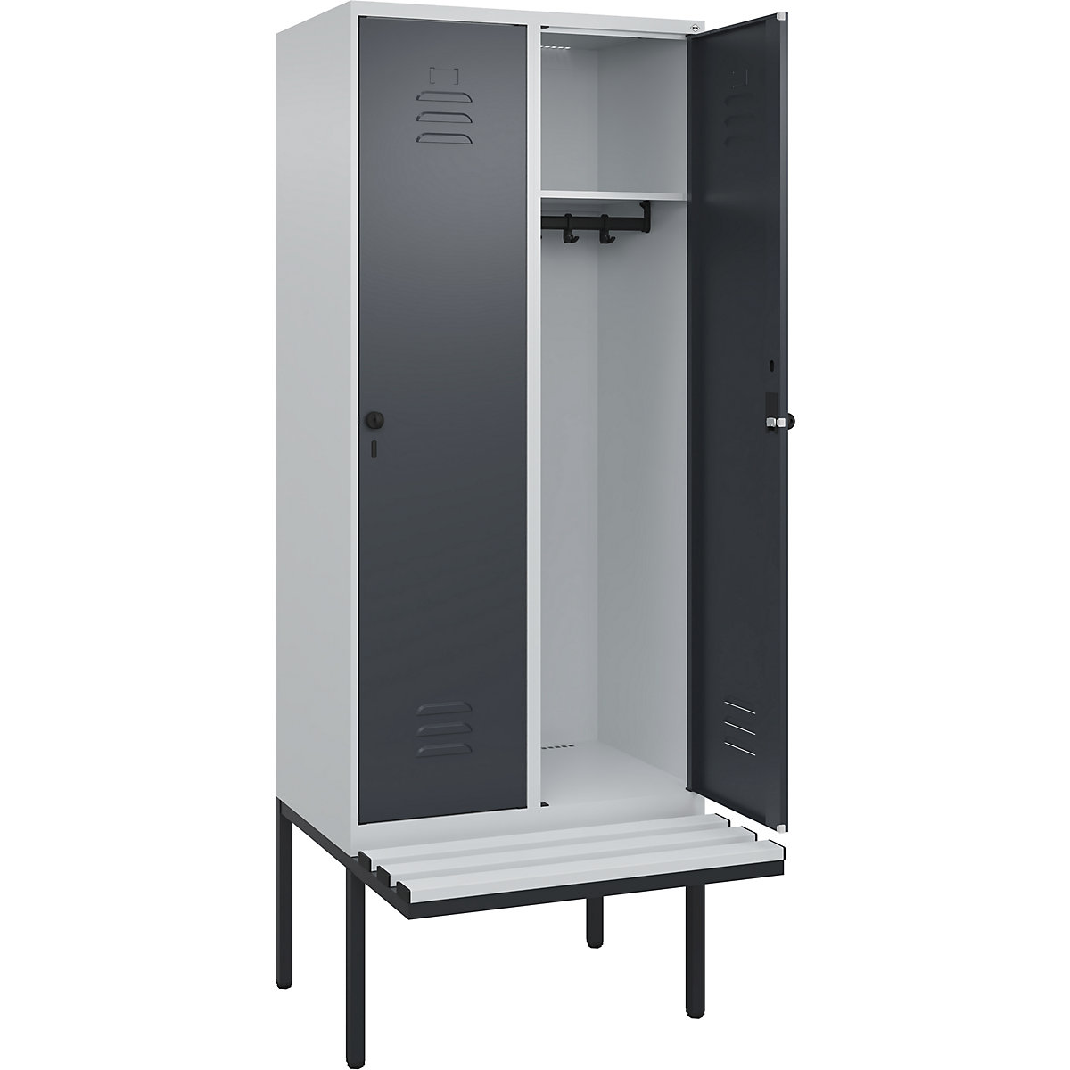 Armadietto Classic PLUS con panca – C+P, 2 scomparti, grigio chiaro / grigio, largh. 800 mm, serratura girevole di sicurezza, panca sporgente, plastica-0