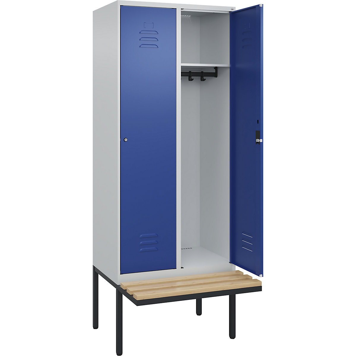 Armadietto Classic PLUS con panca – C+P, 2 scomparti, grigio chiaro / blu genziana, largh. 800 mm, serratura a cilindro, panca sporgente, legno duro di faggio-0