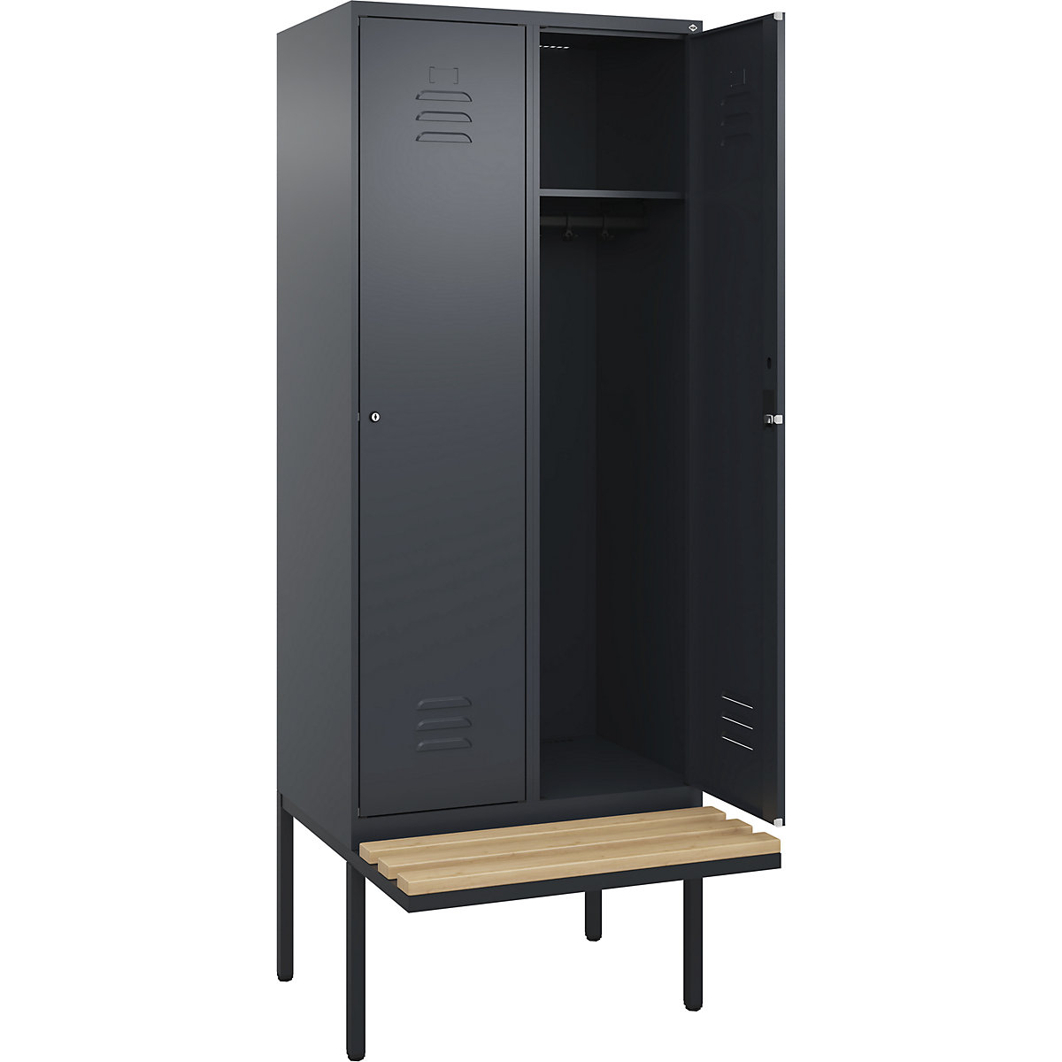 Armadietto Classic PLUS con panca – C+P, 2 scomparti, grigio, largh. 800 mm, serratura a cilindro, panca sporgente, legno duro di faggio-0