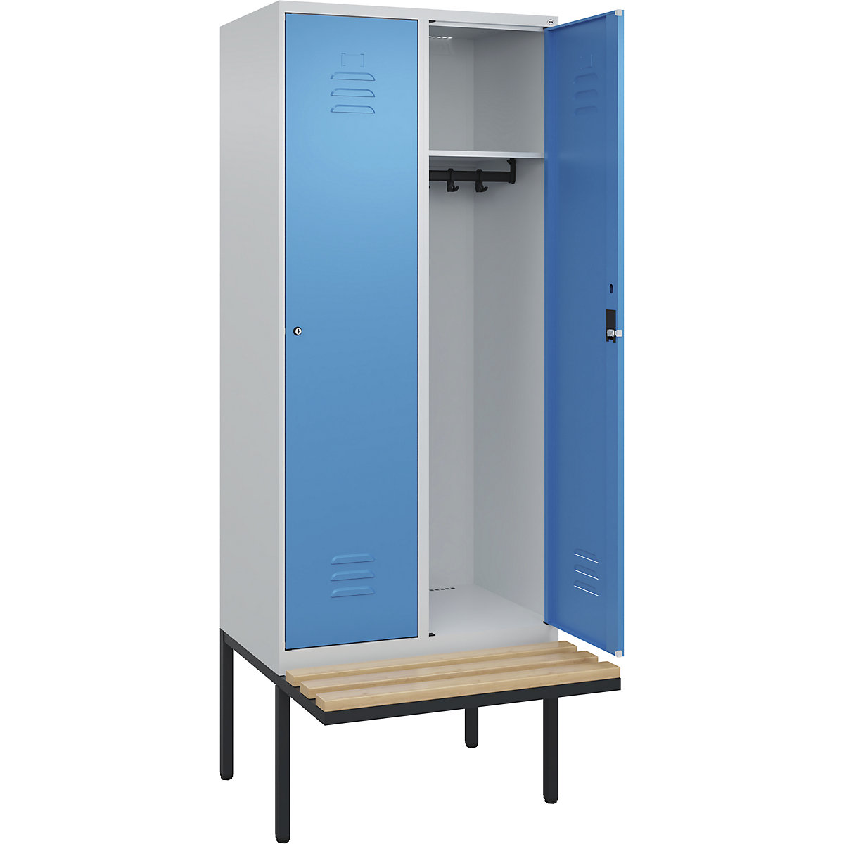 Armadietto Classic PLUS con panca – C+P, 2 scomparti, grigio chiaro / blu chiaro, largh. 800 mm, serratura a cilindro, panca sporgente, legno duro di faggio-0