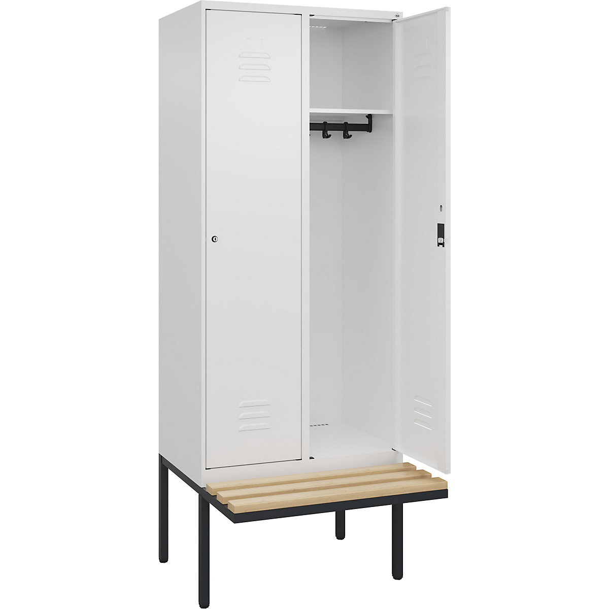 Armadietto Classic PLUS con panca – C+P, 2 scomparti, bianco traffico, largh. 800 mm, serratura a cilindro, panca sporgente, legno duro di faggio-0