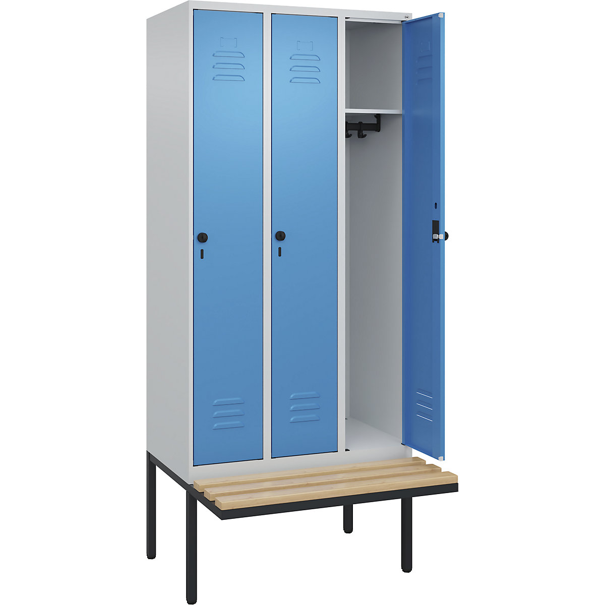 Armadietto Classic PLUS con panca – C+P, 3 scomparti, grigio chiaro / blu chiaro, largh. 900 mm, serratura girevole di sicurezza, panca sporgente, legno duro di faggio-0