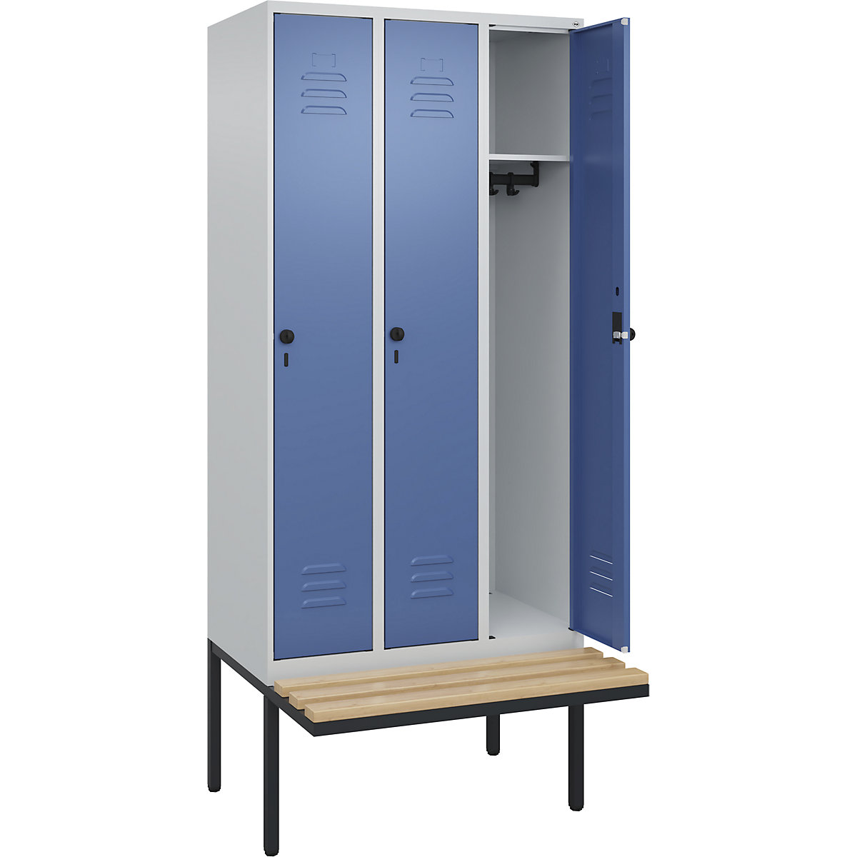 Armadietto Classic PLUS con panca – C+P, 3 scomparti, grigio chiaro / indaco, largh. 900 mm, serratura girevole di sicurezza, panca sporgente, legno duro di faggio-0